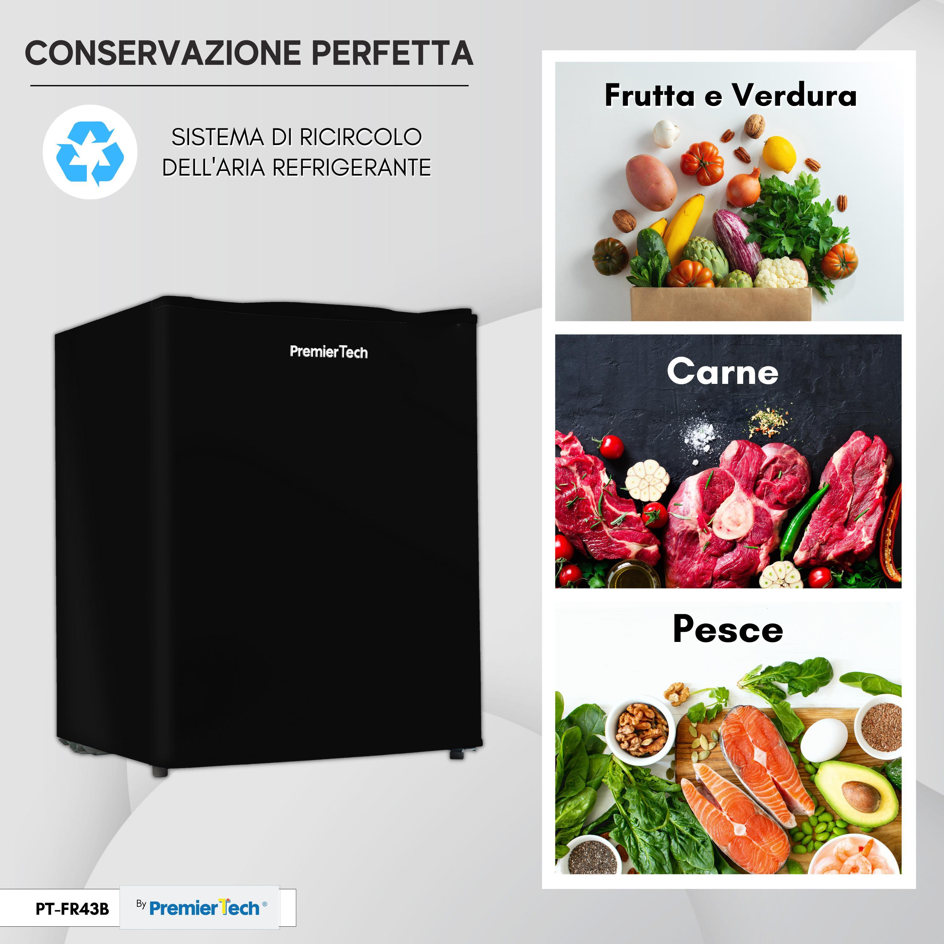 Mini-frigo nero con logo Premier Tech e immagini di cibo. Simbolo di riciclaggio blu in alto.