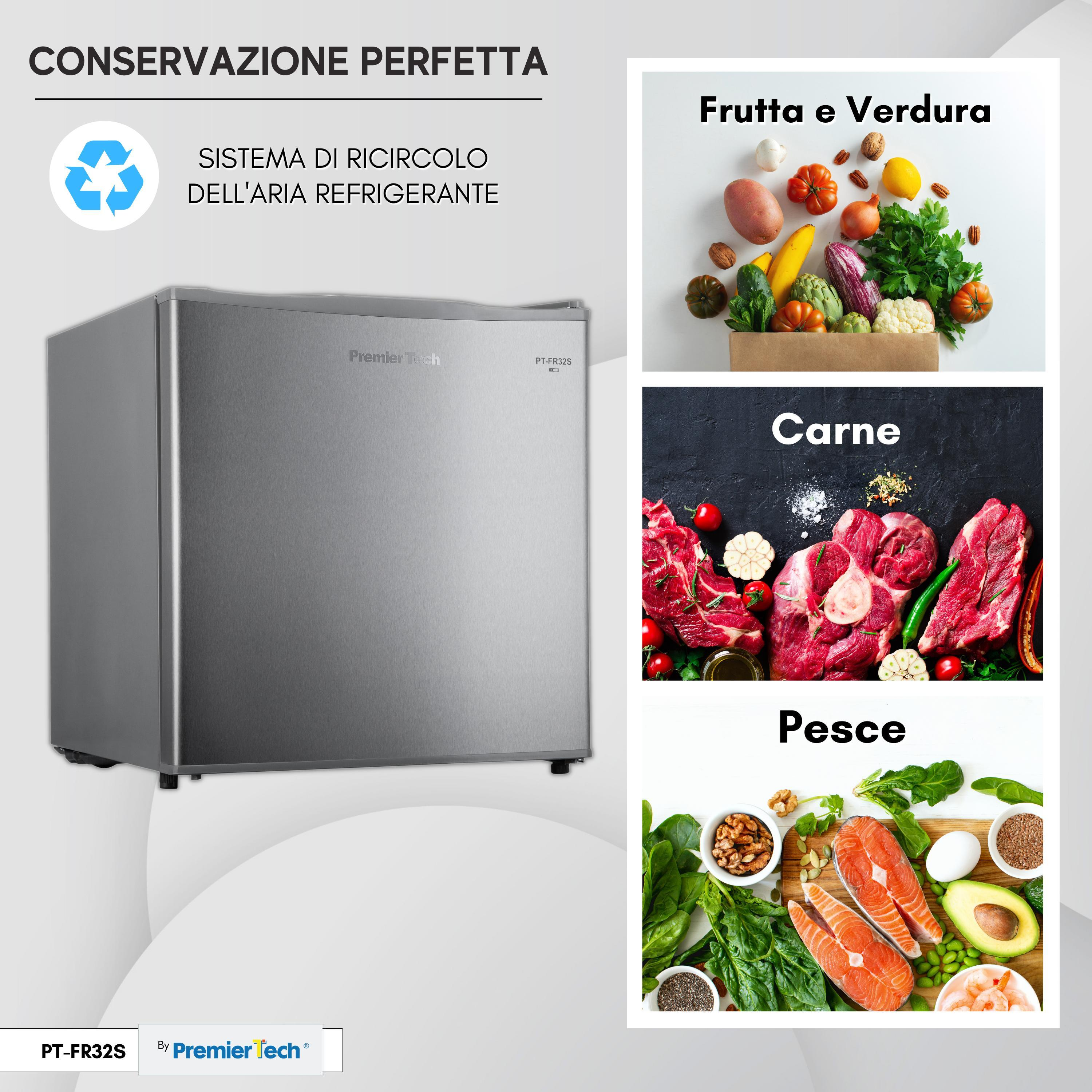 Mini-frigorifero PremierTech argento con immagini di cibo: frutta, verdura, carne e pesce, insieme al logo.