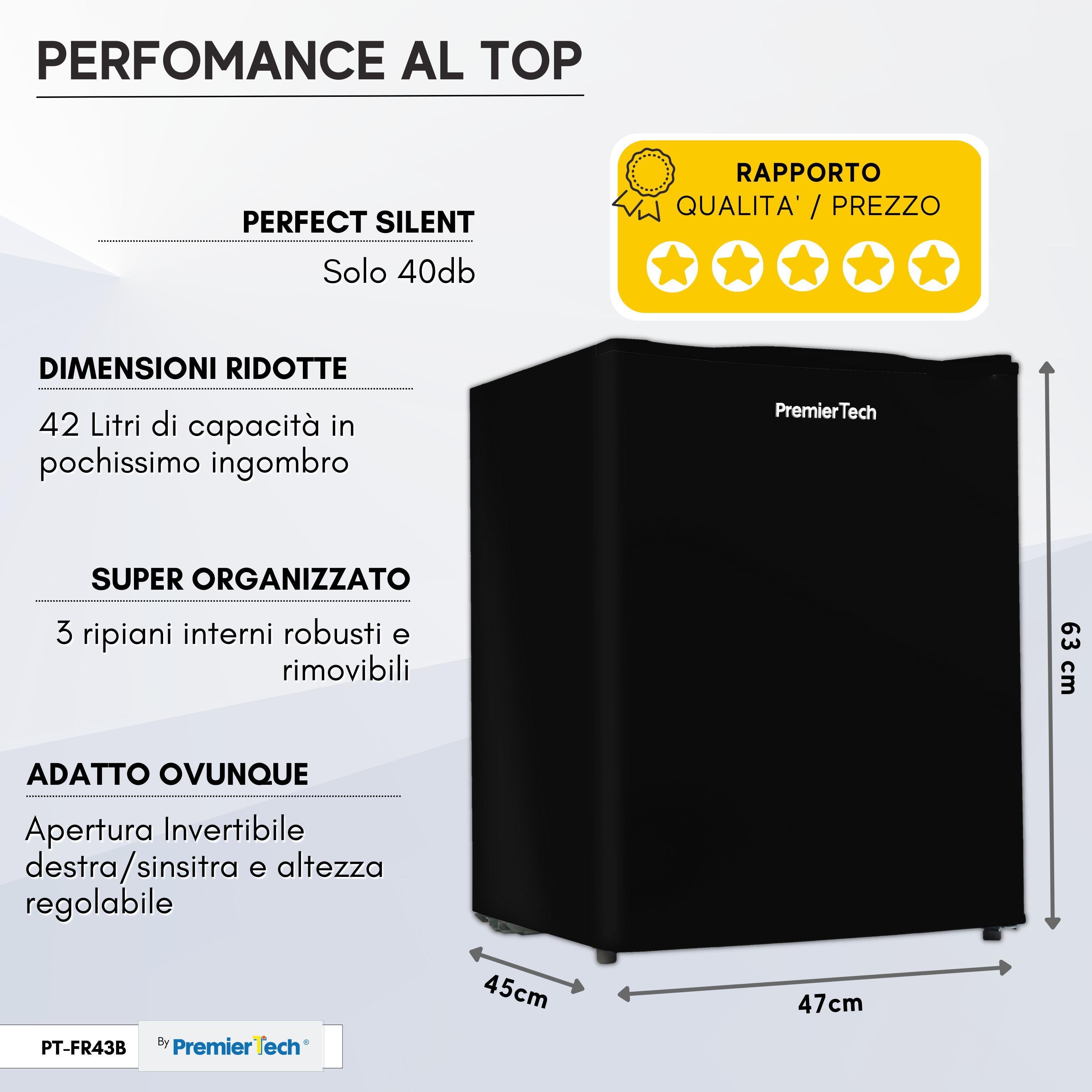 Un mini-frigorifero Premier Tech nero con testo in italiano. Vengono visualizzate le dimensioni e una valutazione di qualità.