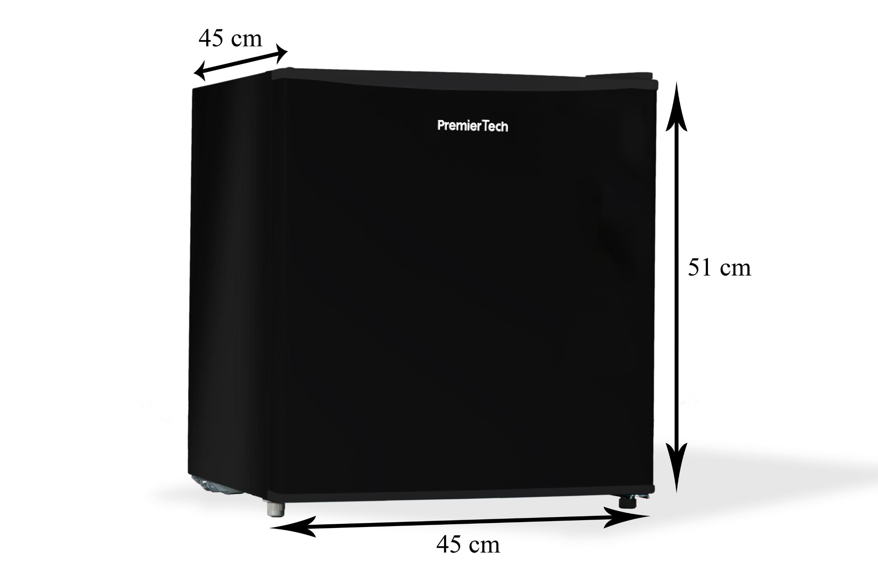 Mini-frigo nero con dimensioni 45 cm x 45 cm x 51 cm, logo Premier Tech.