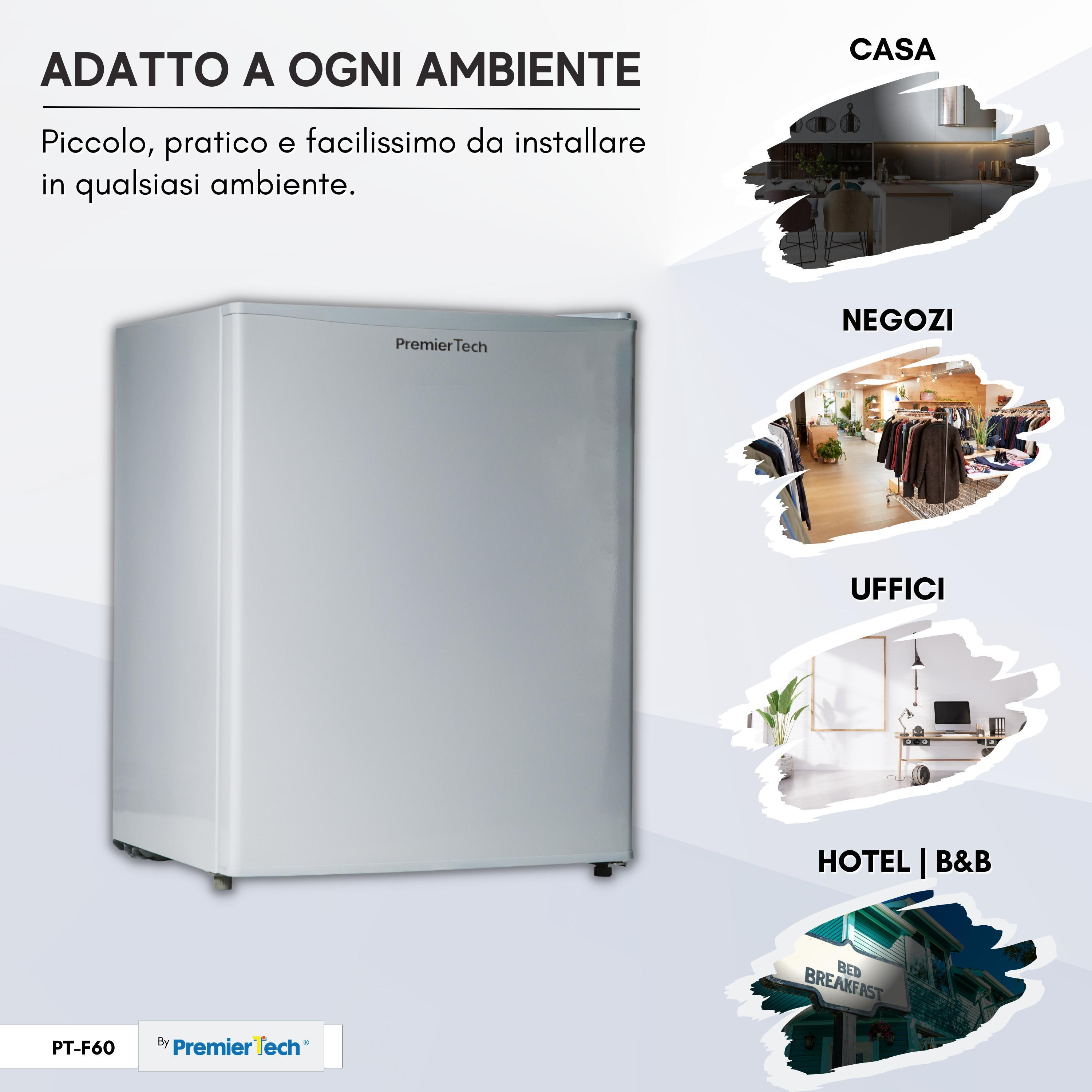 Mini-frigorifero PremierTech argento con ambienti: casa, negozi, uffici e hotel. Il logo è in basso.