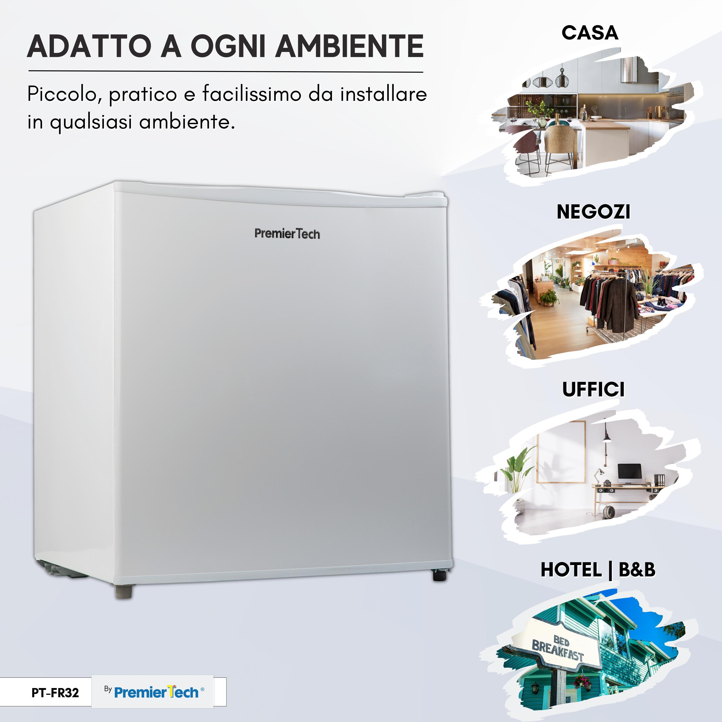 Mini-frigorifero PremierTech bianco. Adatto per case, negozi, uffici e hotel.