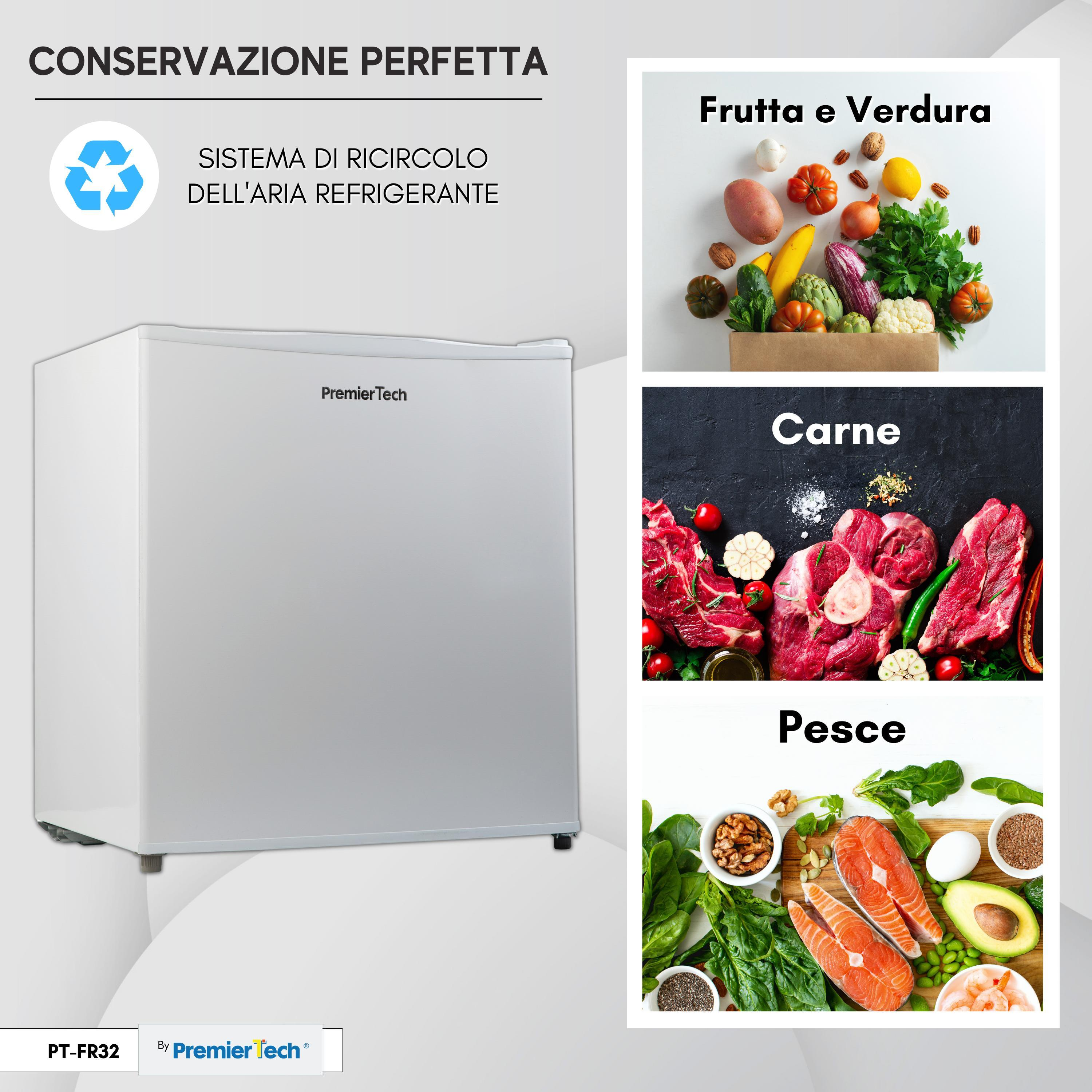 Un frigorifero bianco con testo e immagini di cibo. Il testo dice 'Conservazione perfetta'.