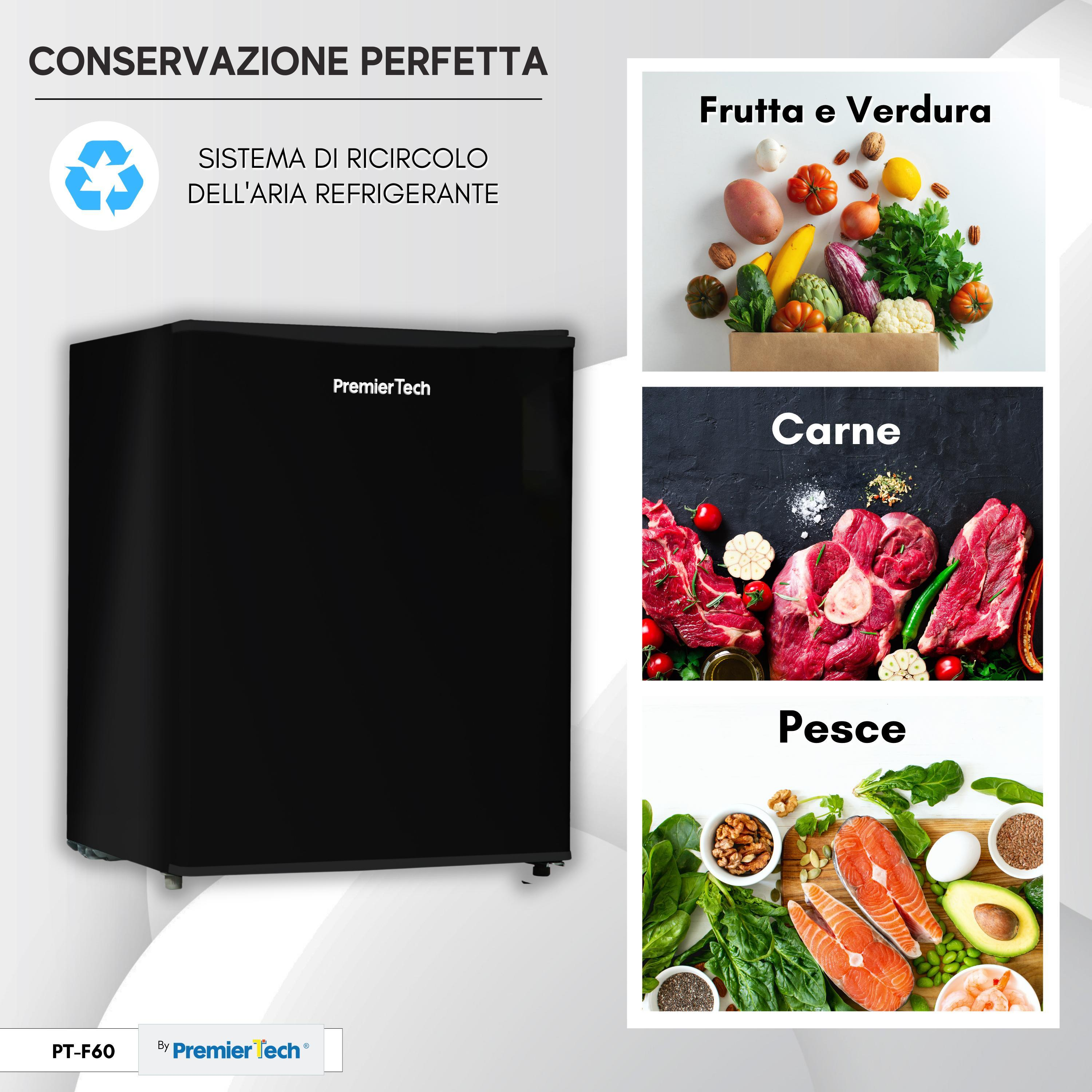 Mini frigo nero Premier Tech con immagini di cibo: frutta, verdura, carne, pesce, testo.
