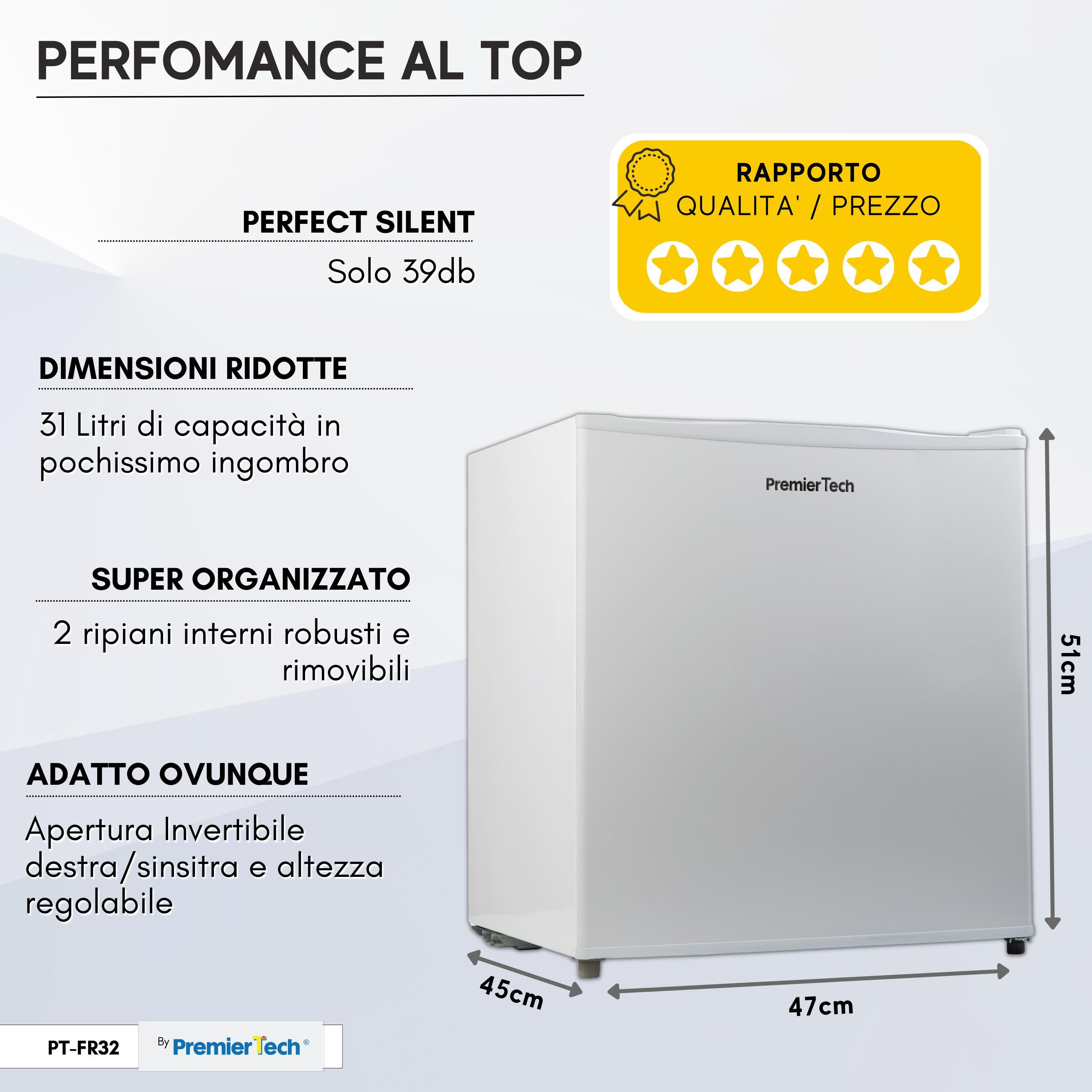 Mini-frigorifero PremierTech bianco con dimensioni in cm ed etichette di testo. Il mini-frigorifero ha una porta bianca.