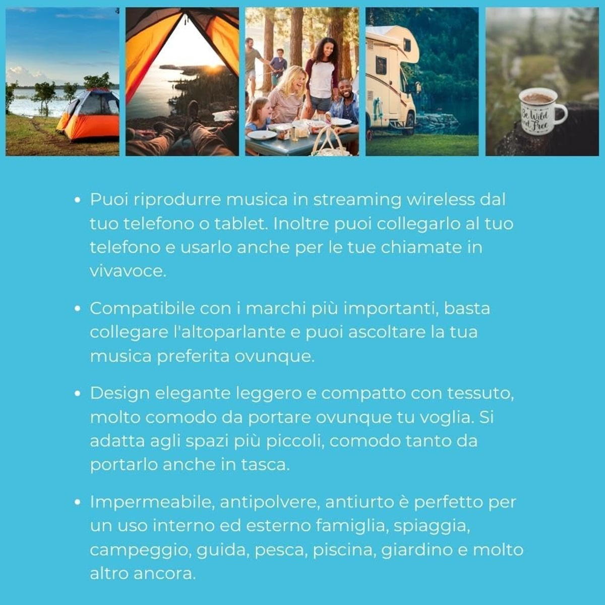 Un collage di scene di campeggio e informazioni su un altoparlante.