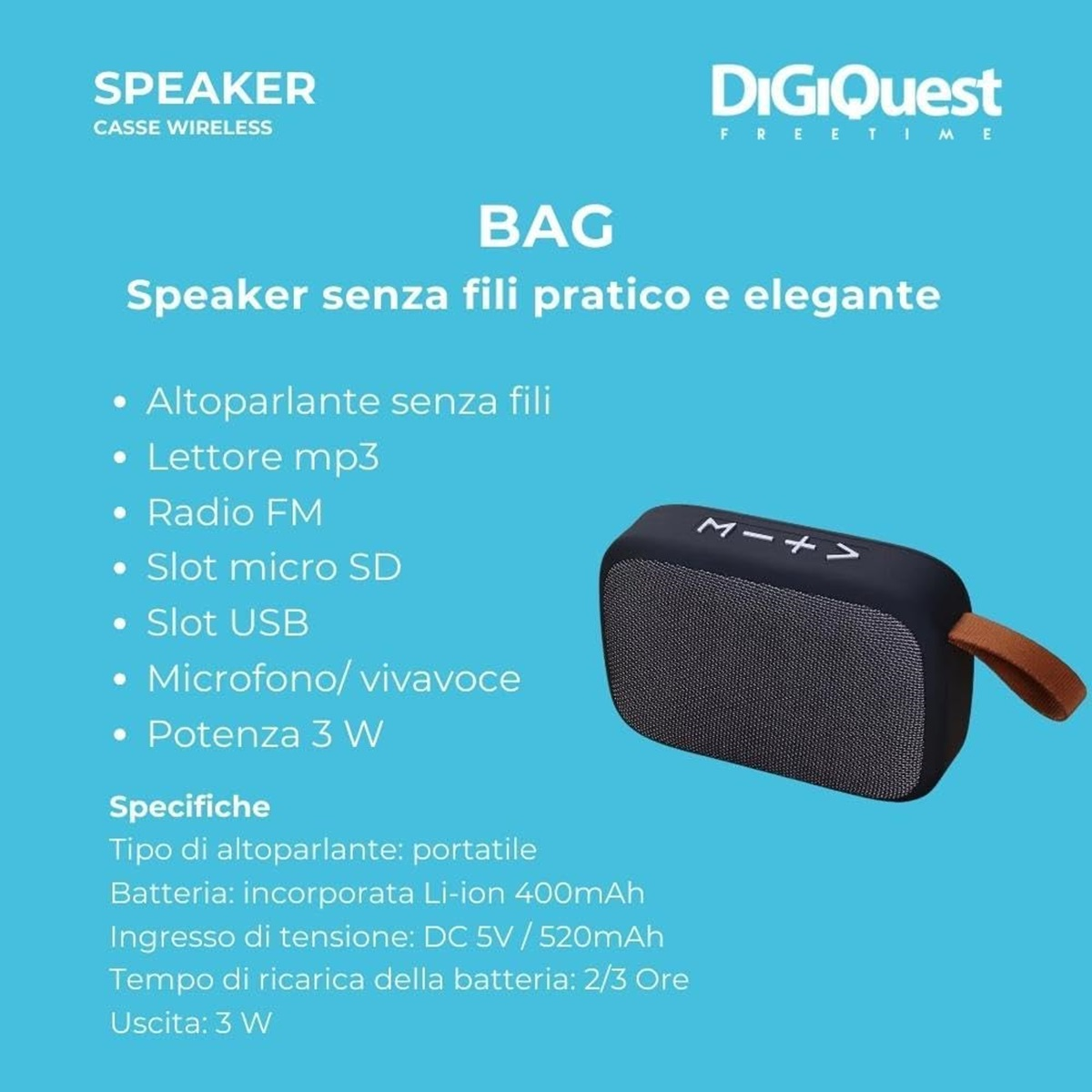 Altoparlante portatile nero e marrone con testo su funzionalità e specifiche.