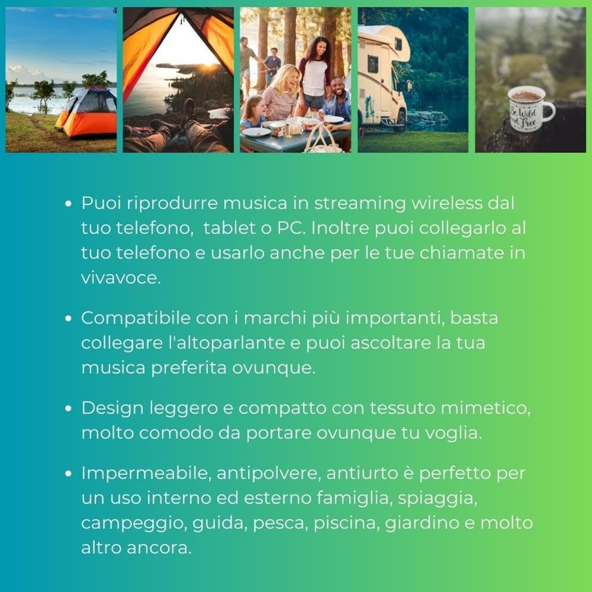 Raccolta di immagini che raffigurano attività all'aperto e funzionalità di dispositivi elettronici.