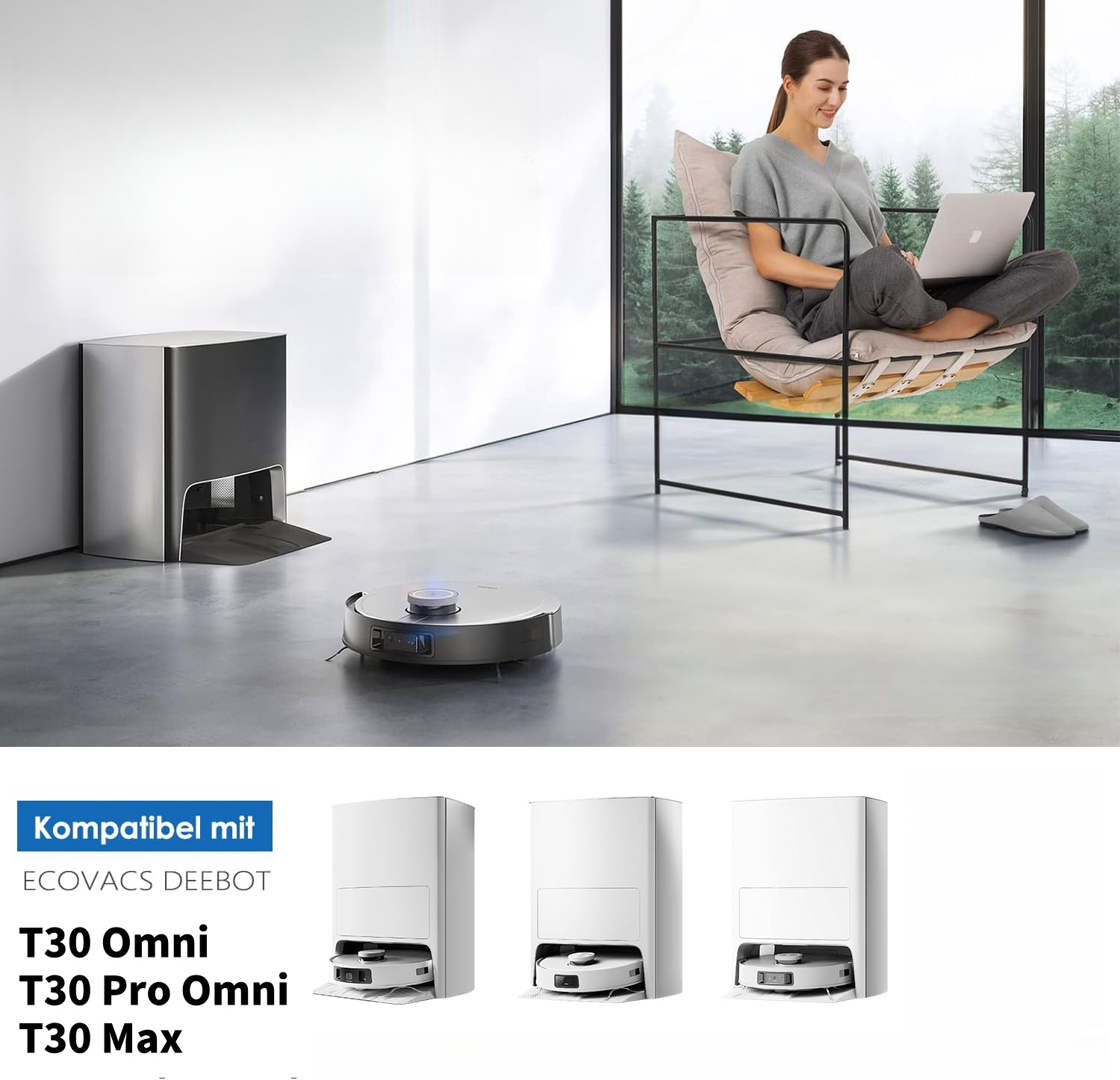 Roboter-Staubsauger und Ladestation mit Text zu kompatiblen Modellen.