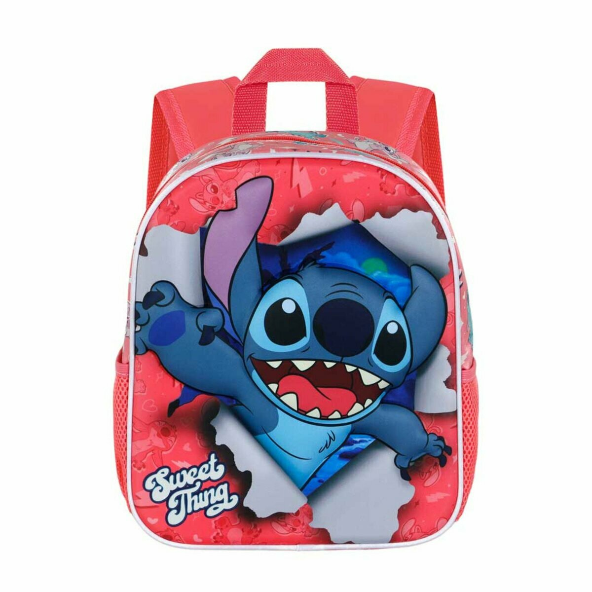 Ein roter Rucksack mit Stitch-Design, Stitch bricht durch den roten Hintergrund.