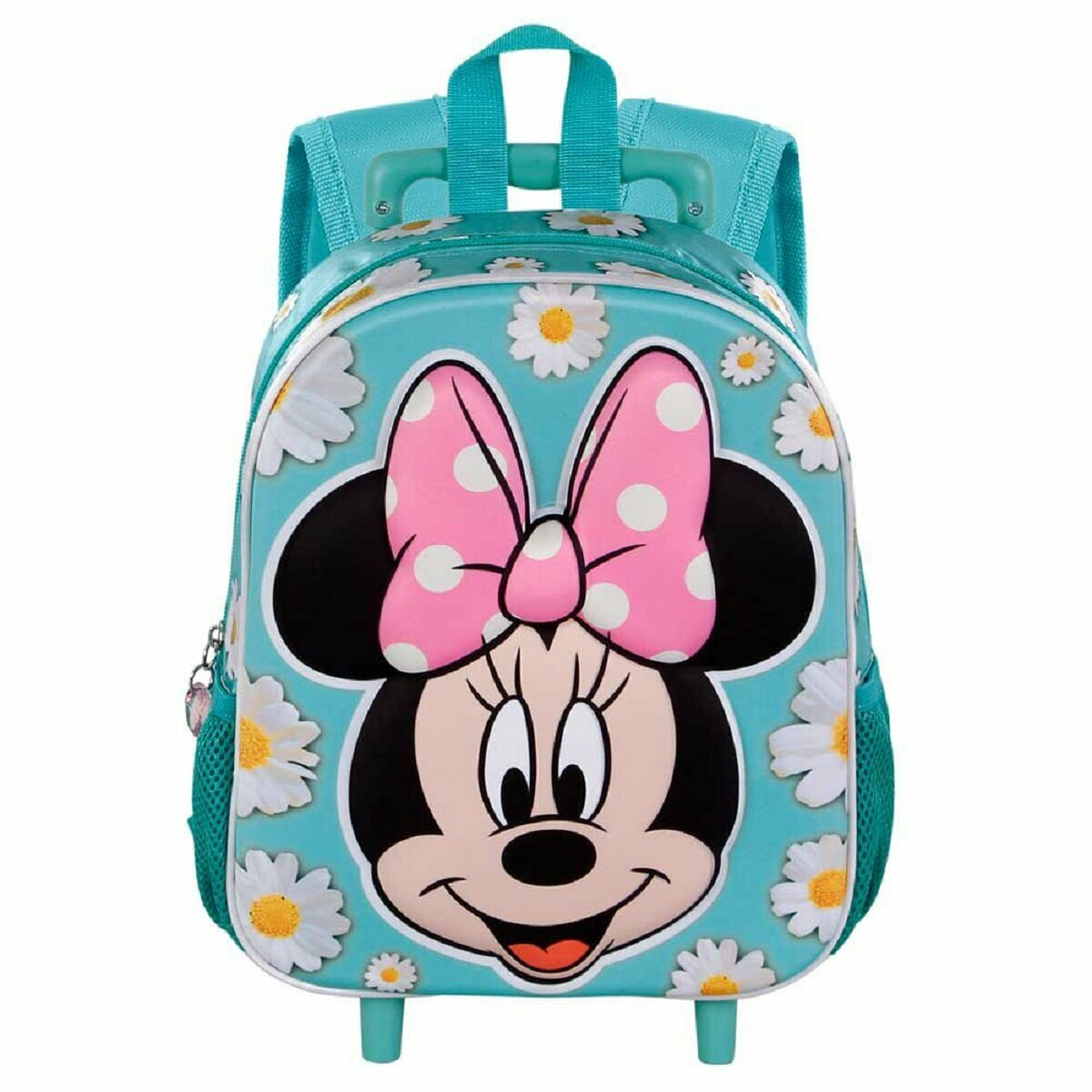 Ein blauer Minnie-Maus-Rucksack auf Rädern. Verziert mit weißen Blumen und einer rosa Schleife.