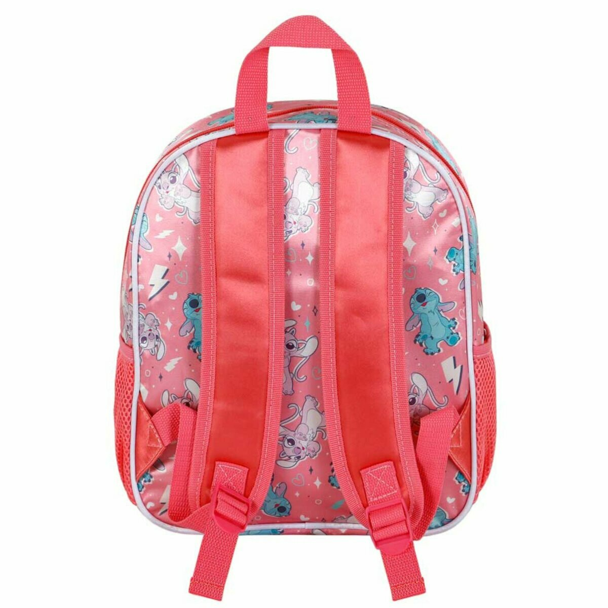 Rosa Rucksack mit Stitch-Figuren und Riemen.