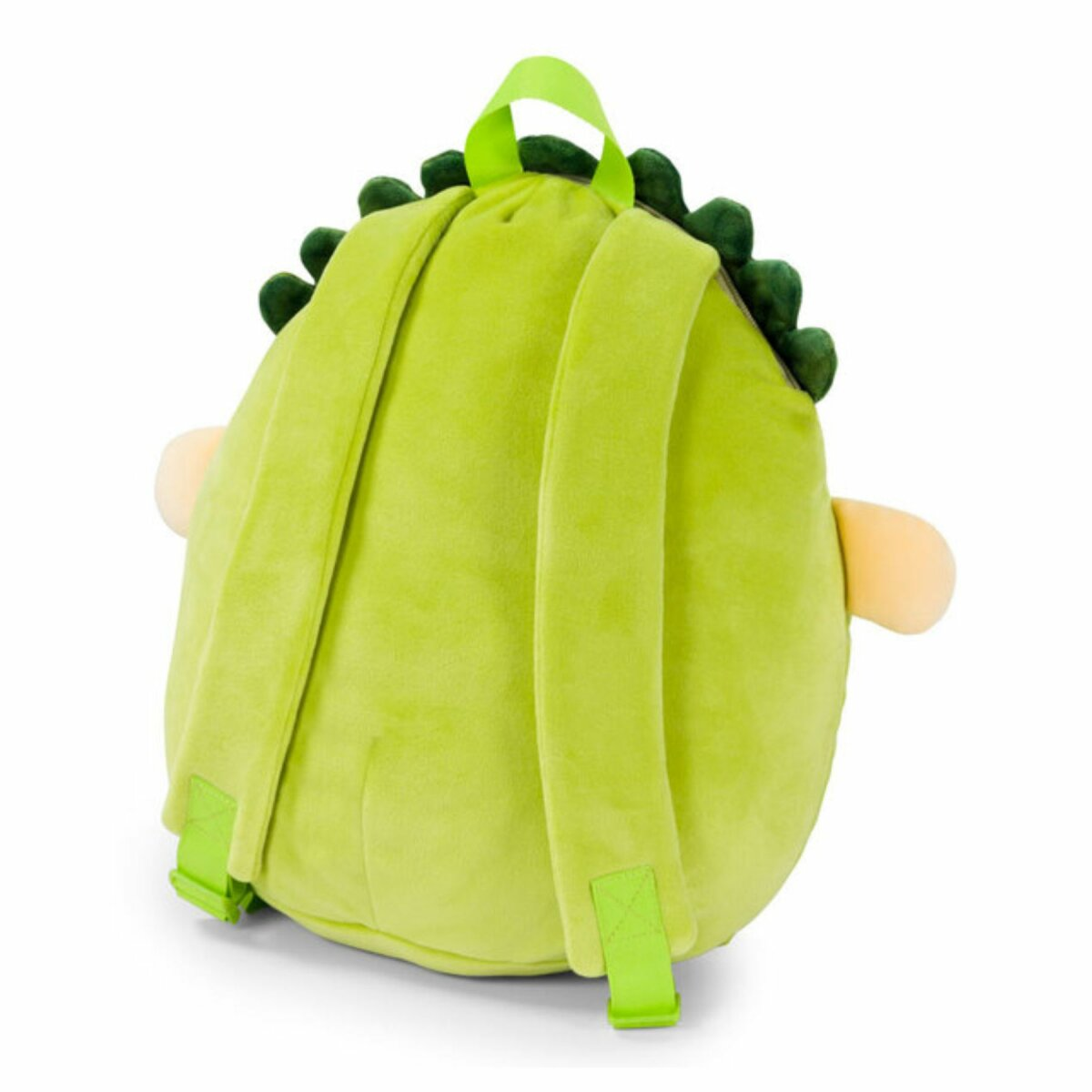 Ein grüner Dinosaurier-Rucksack mit Trägern. Er hat grüne Stacheln und hellbraune Arme.