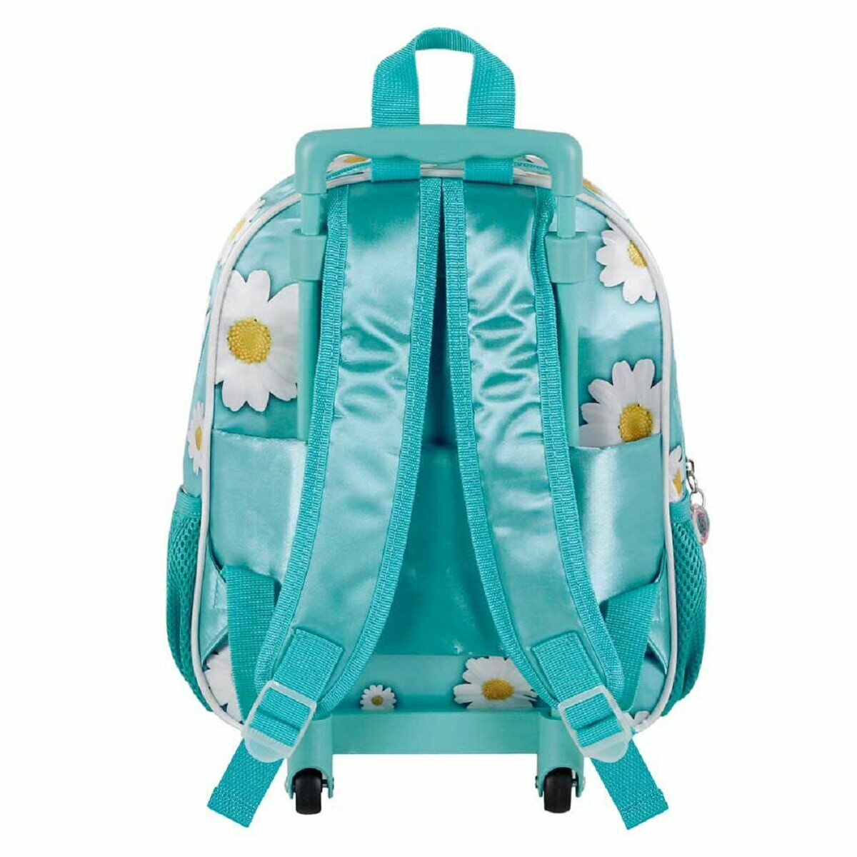 Ein hellblauer Rucksack mit weißen Gänseblümchen und zwei Griffen. Er hat Räder und verstellbare Träger.