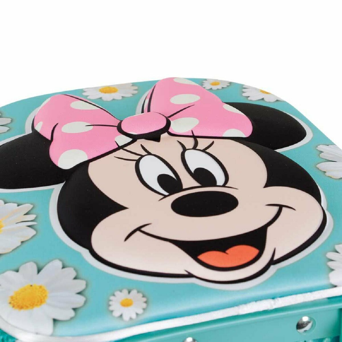Nahaufnahme eines Minnie-Mouse-Designs auf einer teal-farbenen Aufbewahrungsbox mit Gänseblümchen-Akzenten.