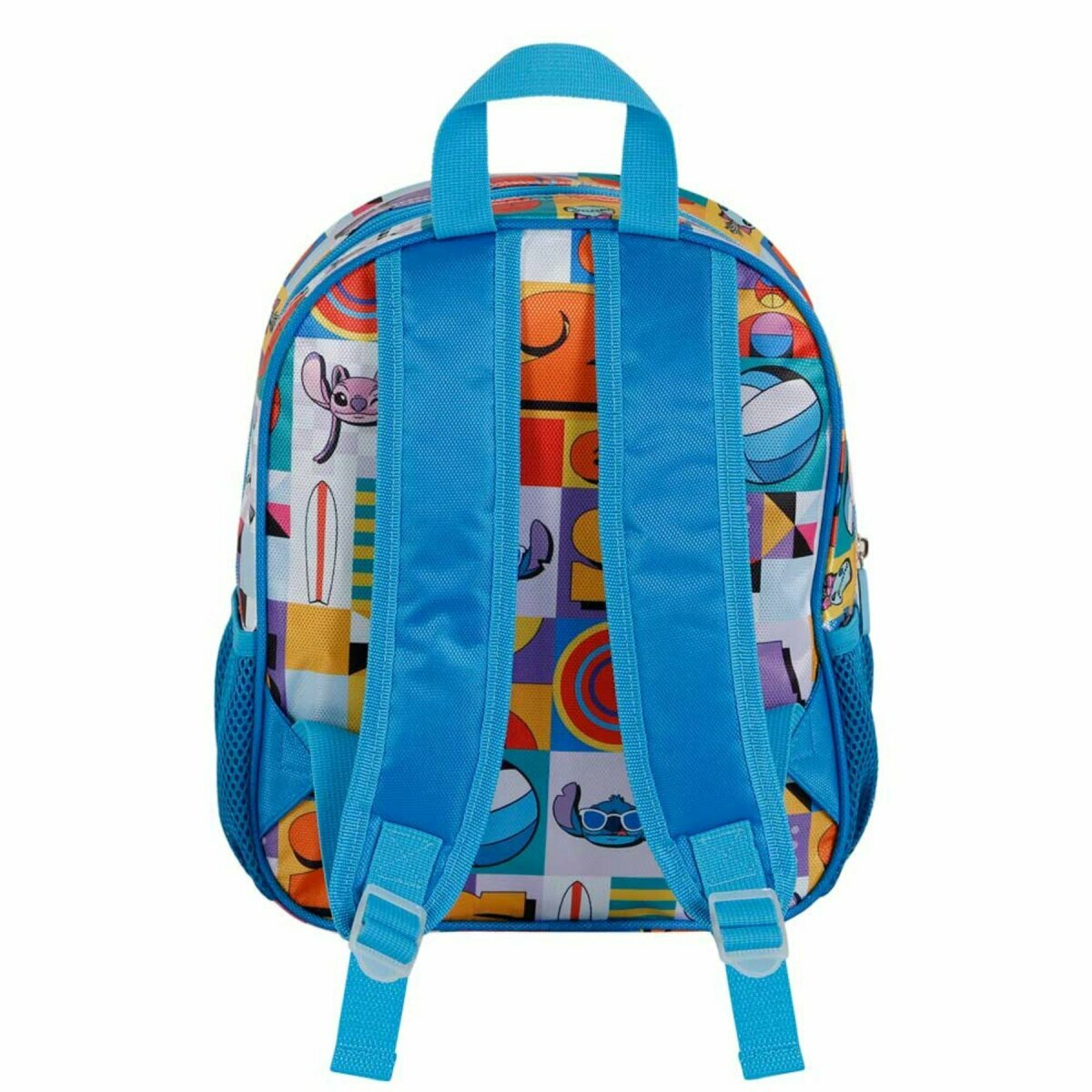 Blauer Rucksack mit buntem Stitch-Cartoon-Druck, blauen Trägern und Griff. Rückansicht.