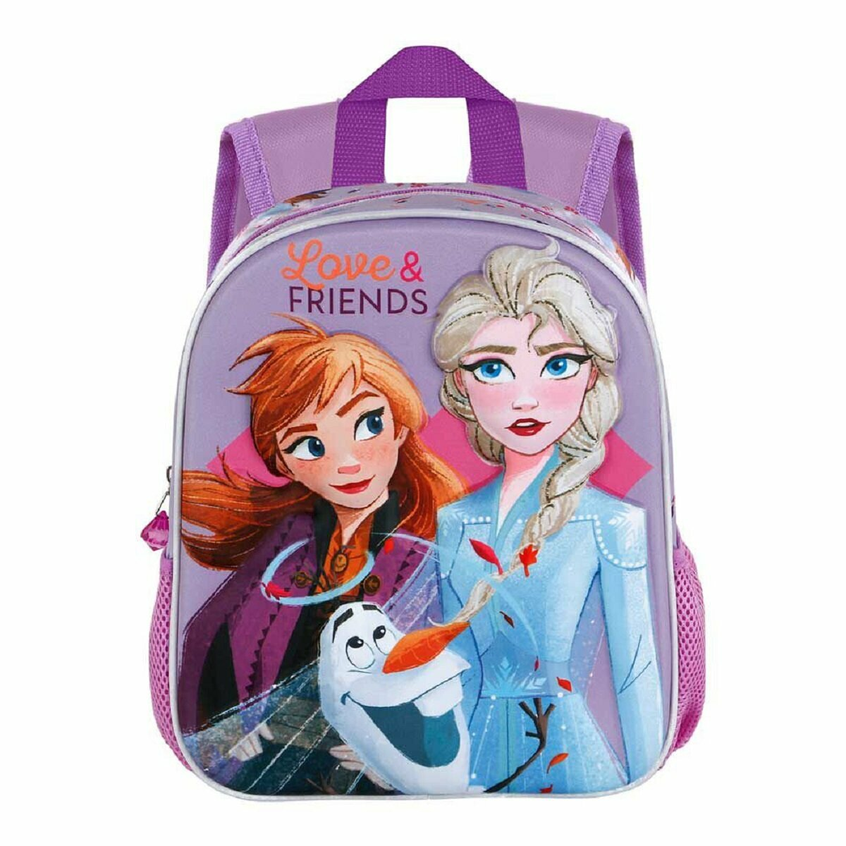 Una mochila morada con tema de Frozen, con personajes de Anna, Elsa y Olaf.