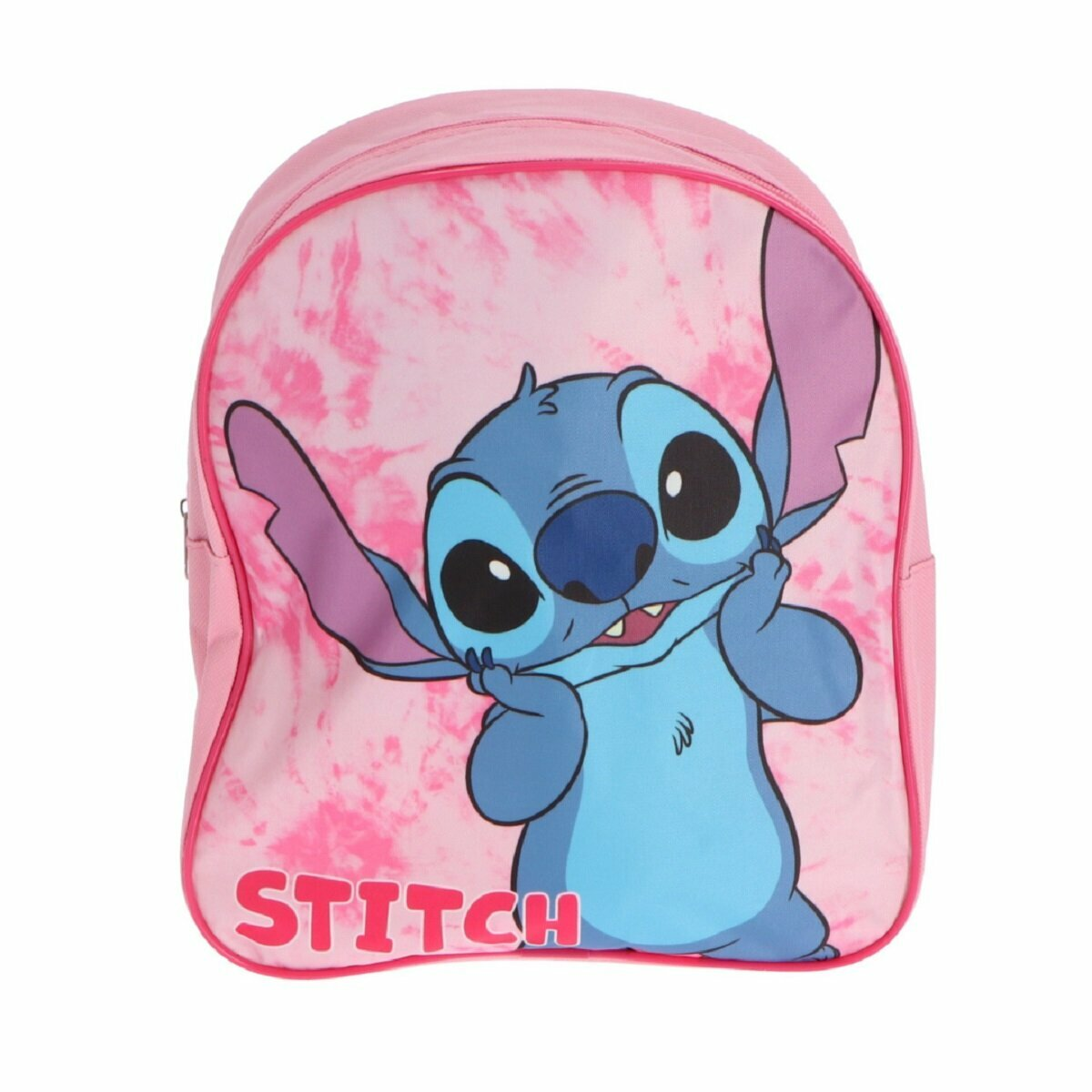 Pinkfarbener Stitch-Rucksack. Der Rucksack zeigt den blauen Stitch mit rosa Batik-Hintergrund.