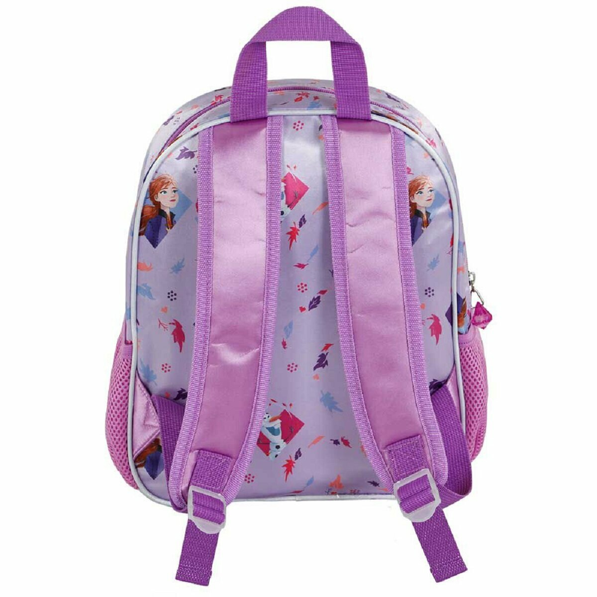 Parte trasera de una mochila morada de Frozen con Anna y Elsa.