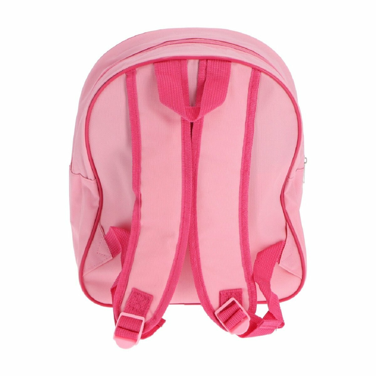 Rosa Rucksack mit rosa Trägern und Schnallen. Der Hintergrund ist weiß.