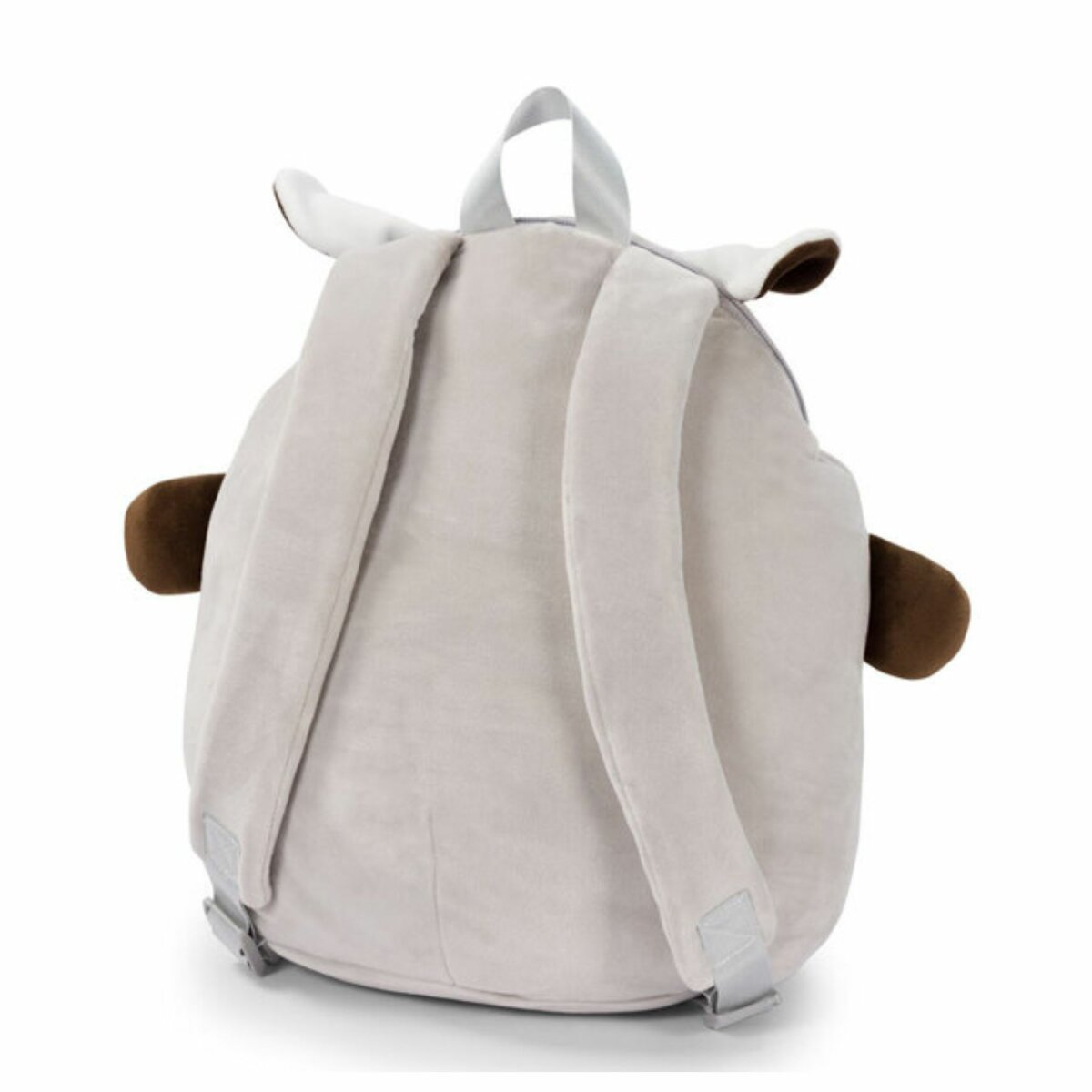 Ein grauer Rucksack in Schafsform mit weißen Ohren und braunen Akzenten.