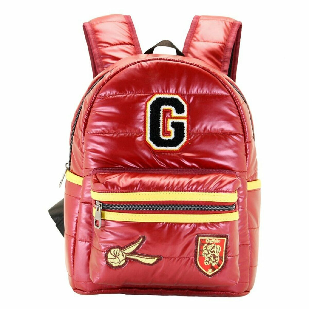 Roter Rucksack mit gold- und schwarzen Akzenten. Merkmale sind ein großer Buchstabe G, ein Wappen und ein goldener Reißverschluss.