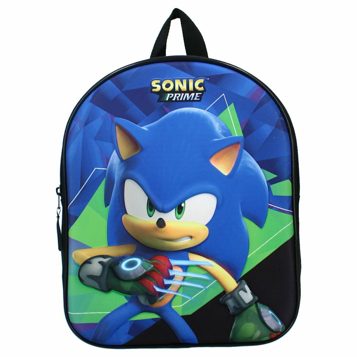 Blauer Sonic Prime Rucksack. Sonic the Hedgehog auf der Vorderseite, posiert. Der Hintergrund ist blau.