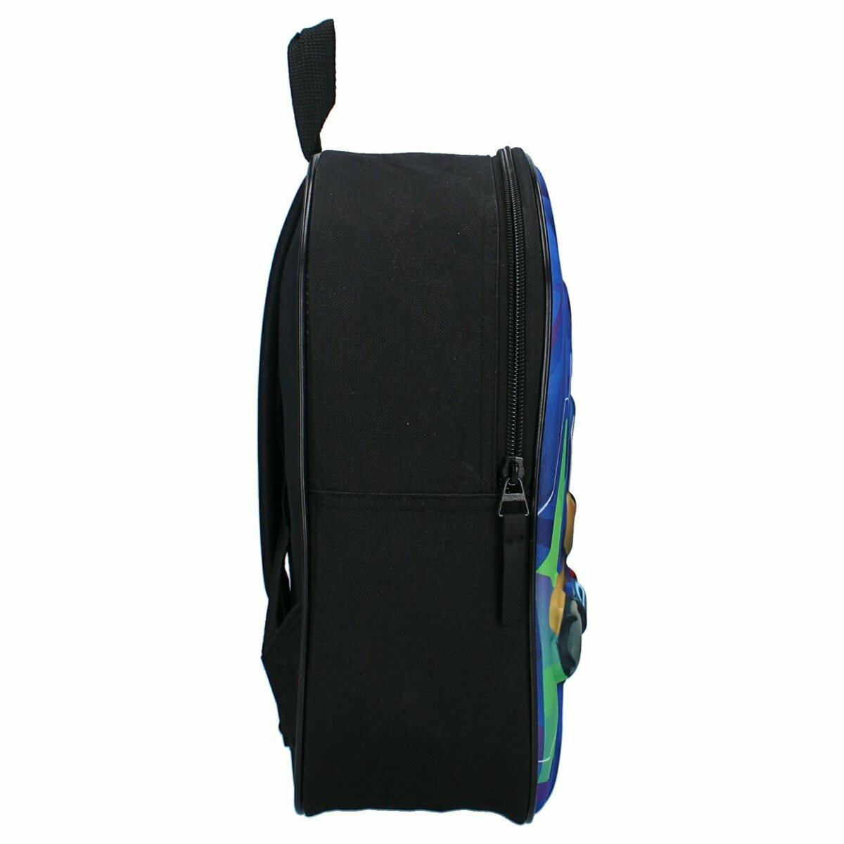 Seitenansicht eines schwarzen Rucksacks mit farbenfrohem Design, oberem Griff und Reißverschluss.