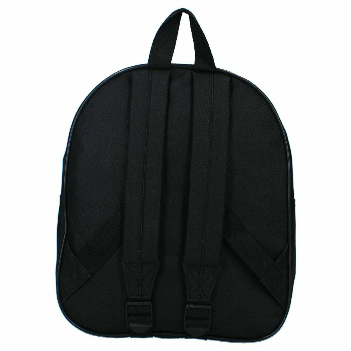 Schwarzer Rucksack, Rückansicht. Zwei Schultergurte, ein Griff und zwei Bodengurte. Weißer Hintergrund.