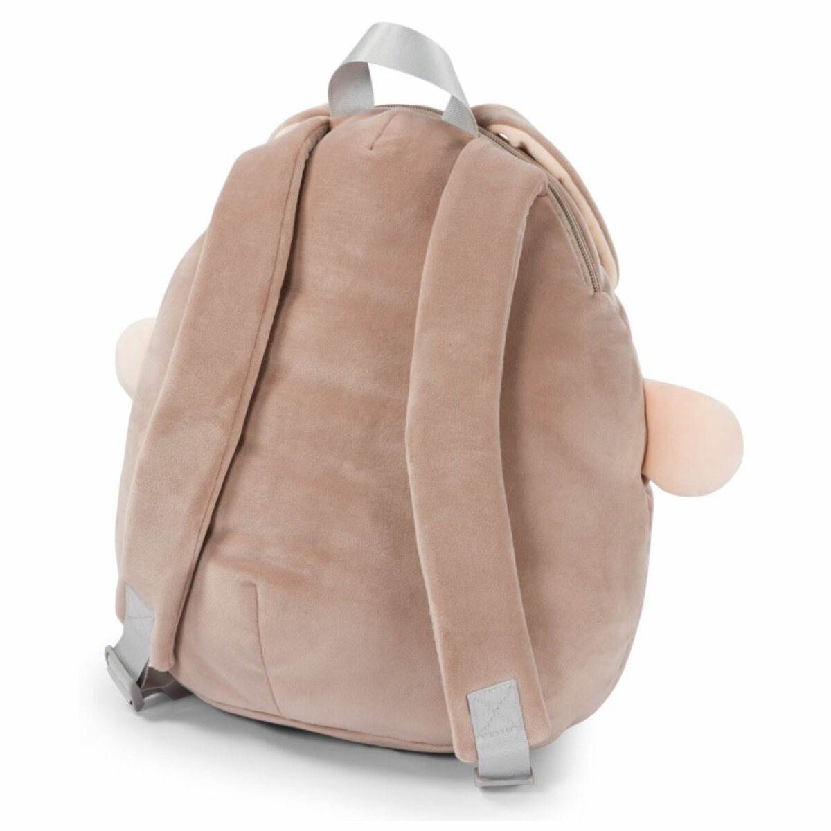 Ein beigefarbener Plüschrucksack mit gepolsterten Trägern und einem Griff. Er hat eine runde Form und zwei kleine Seitentaschen.