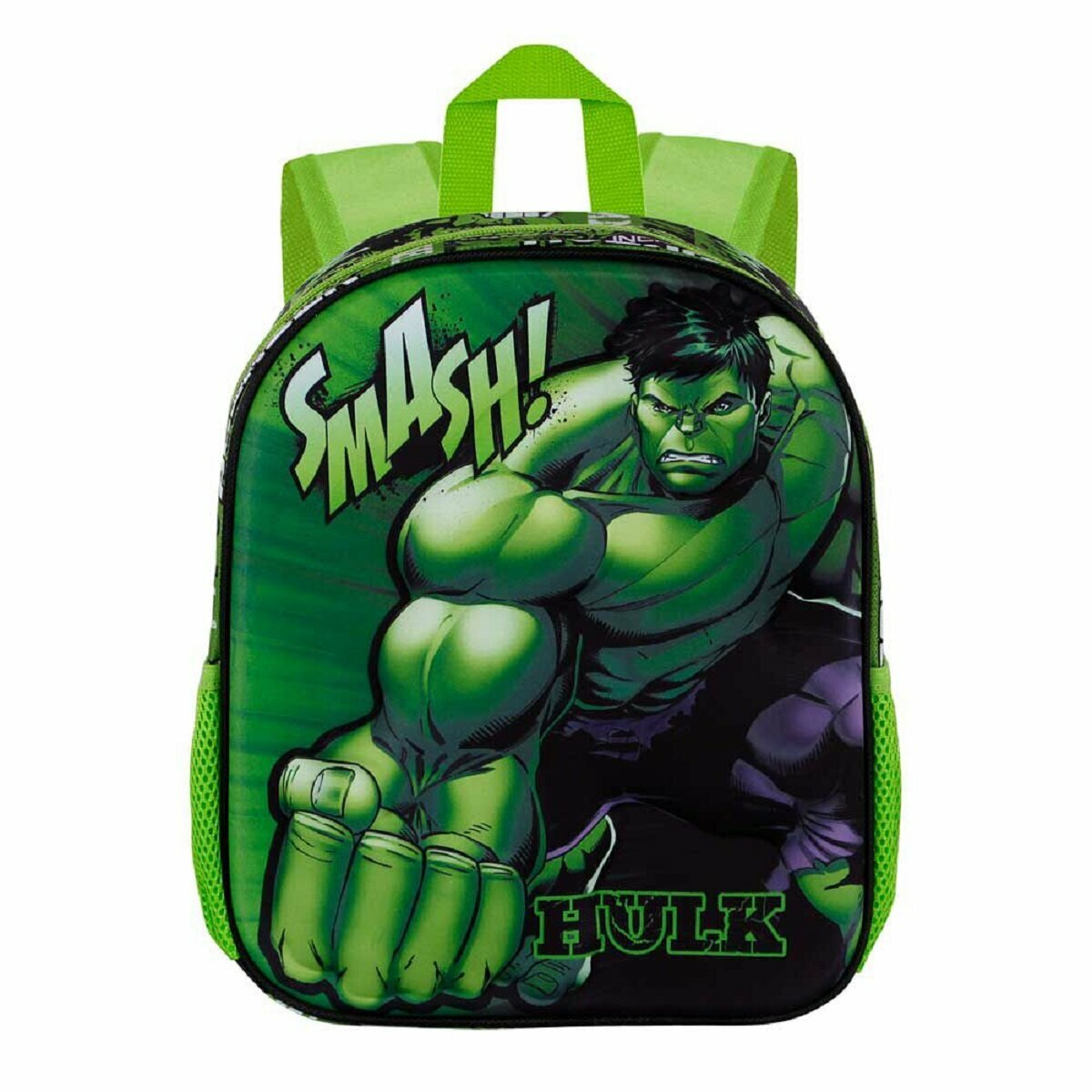 Una mochila de Hulk, verde con la cara de Hulk y el texto 'SMASH'.