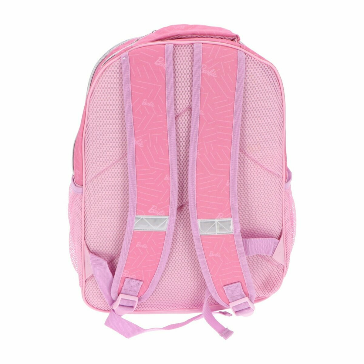 Rosa Barbie-Rucksack. Merkmale: rosa Träger, Netzrücken und Barbie-Logo-Details.