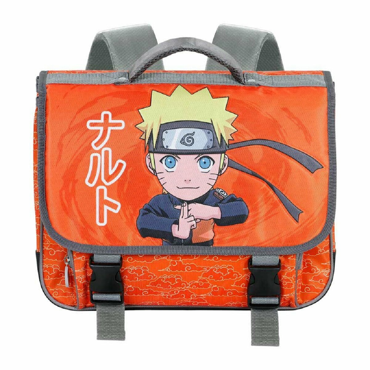Naruto-Rucksack, orange mit Naruto-Illustration. Mit Naruto in Pose und japanischem Text.