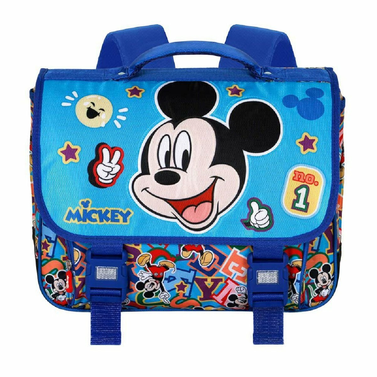 Blauer Mickey Mouse Rucksack mit bunten Details. Der Rucksack hat blaue Träger.