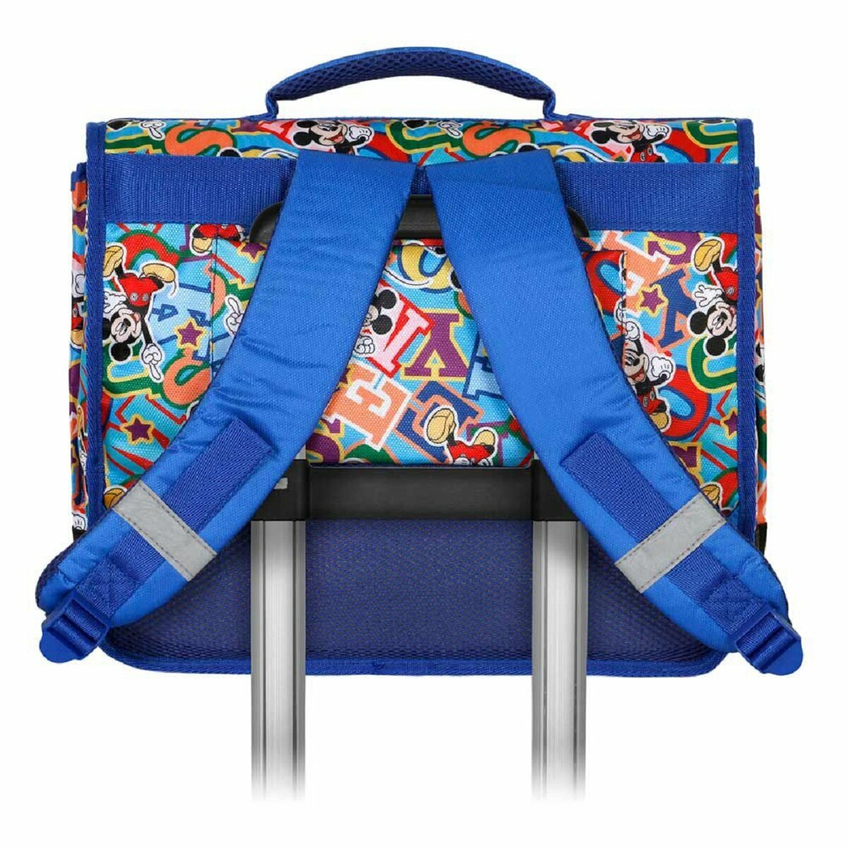 Blauer Schulranzen mit Mickey Mouse-Design. Er hat zwei Träger und einen Griff.