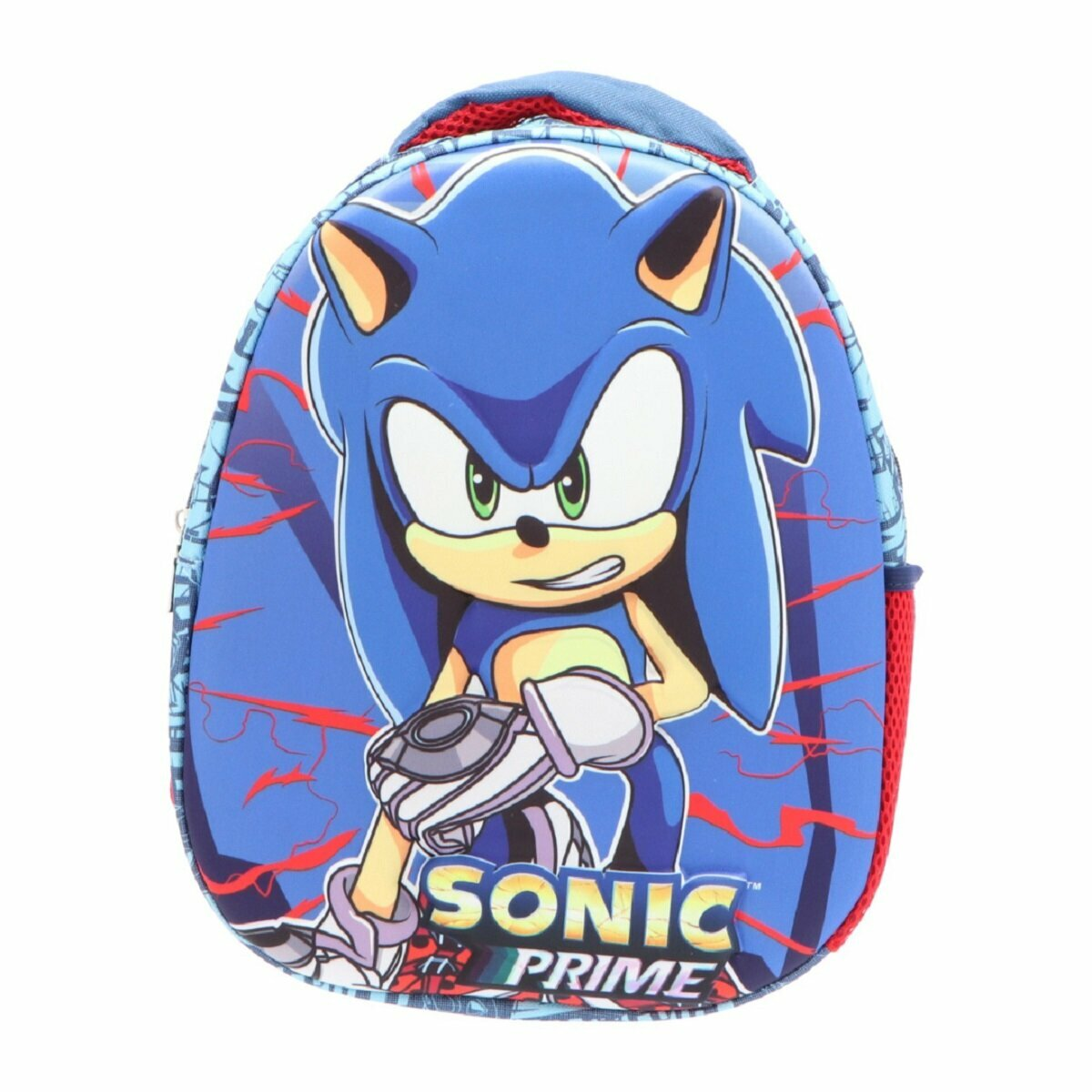 Blauer Sonic-Rucksack mit Sonic-Figur vorne, roten Akzenten und SONIC PRIME-Text.