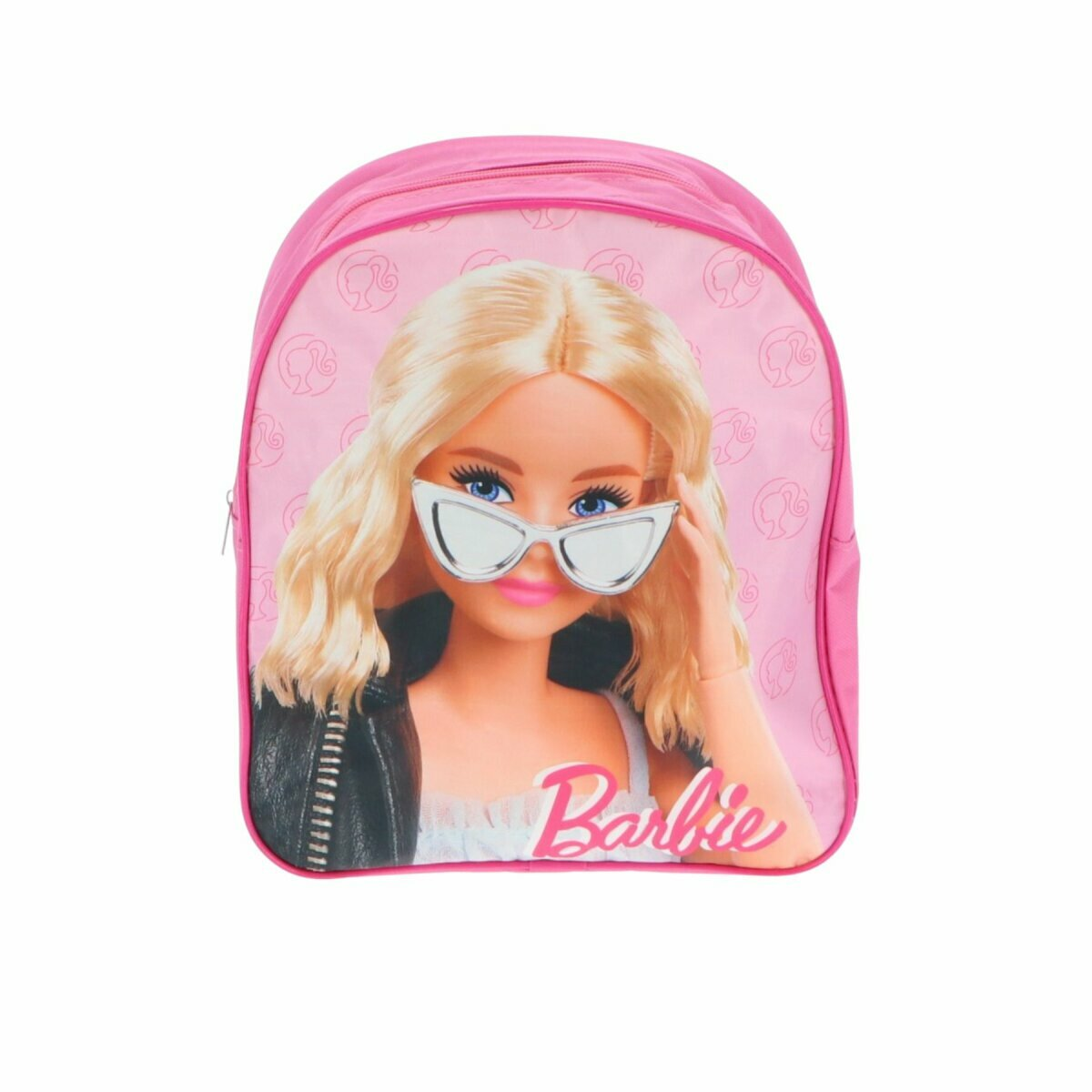 Rosa Barbie-Rucksack mit Barbiemotiv vorne. Weiße Sonnenbrille. Rosa Hintergrund.