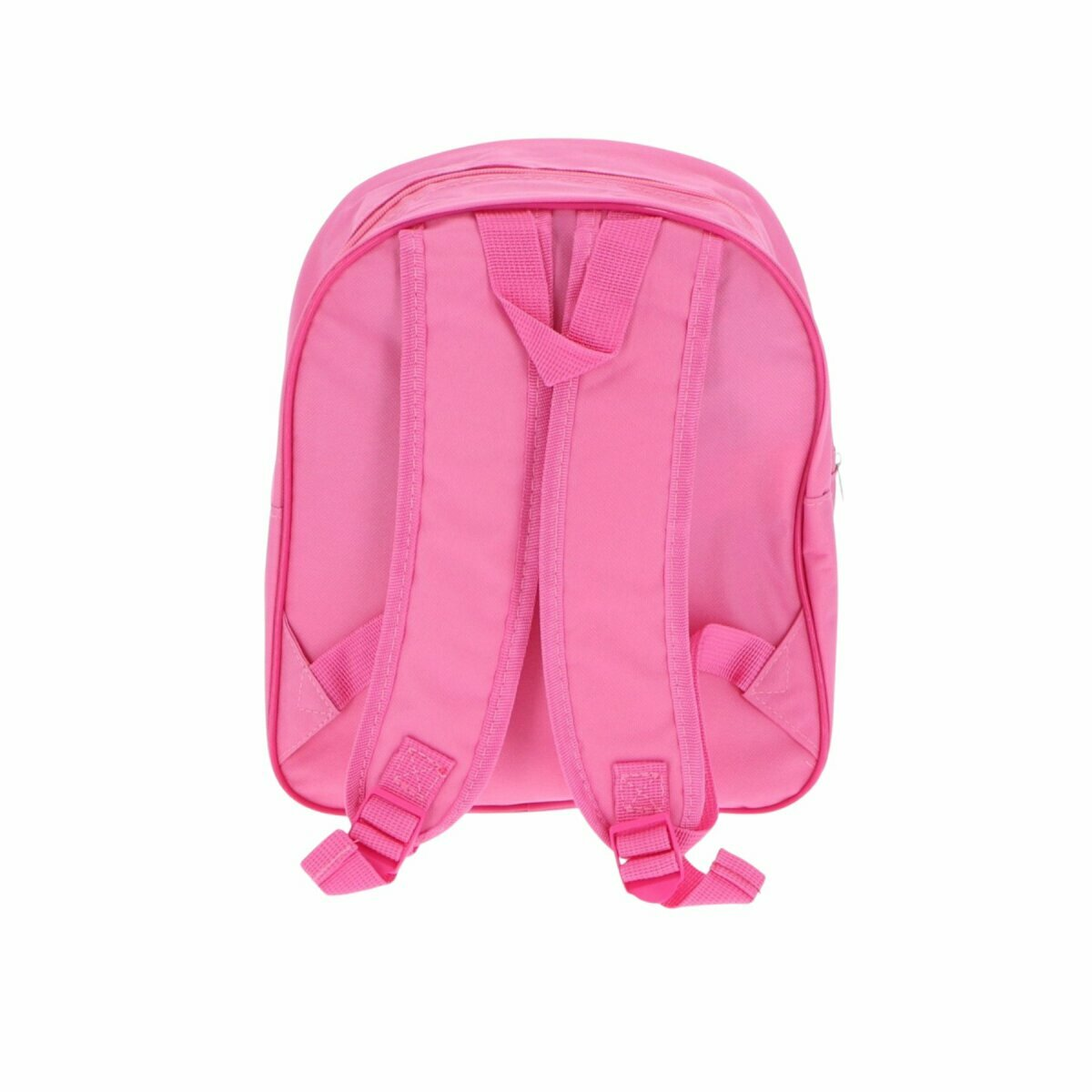 Rosa Rucksack von hinten. Er hat rosa Träger und rosa Schnallen.