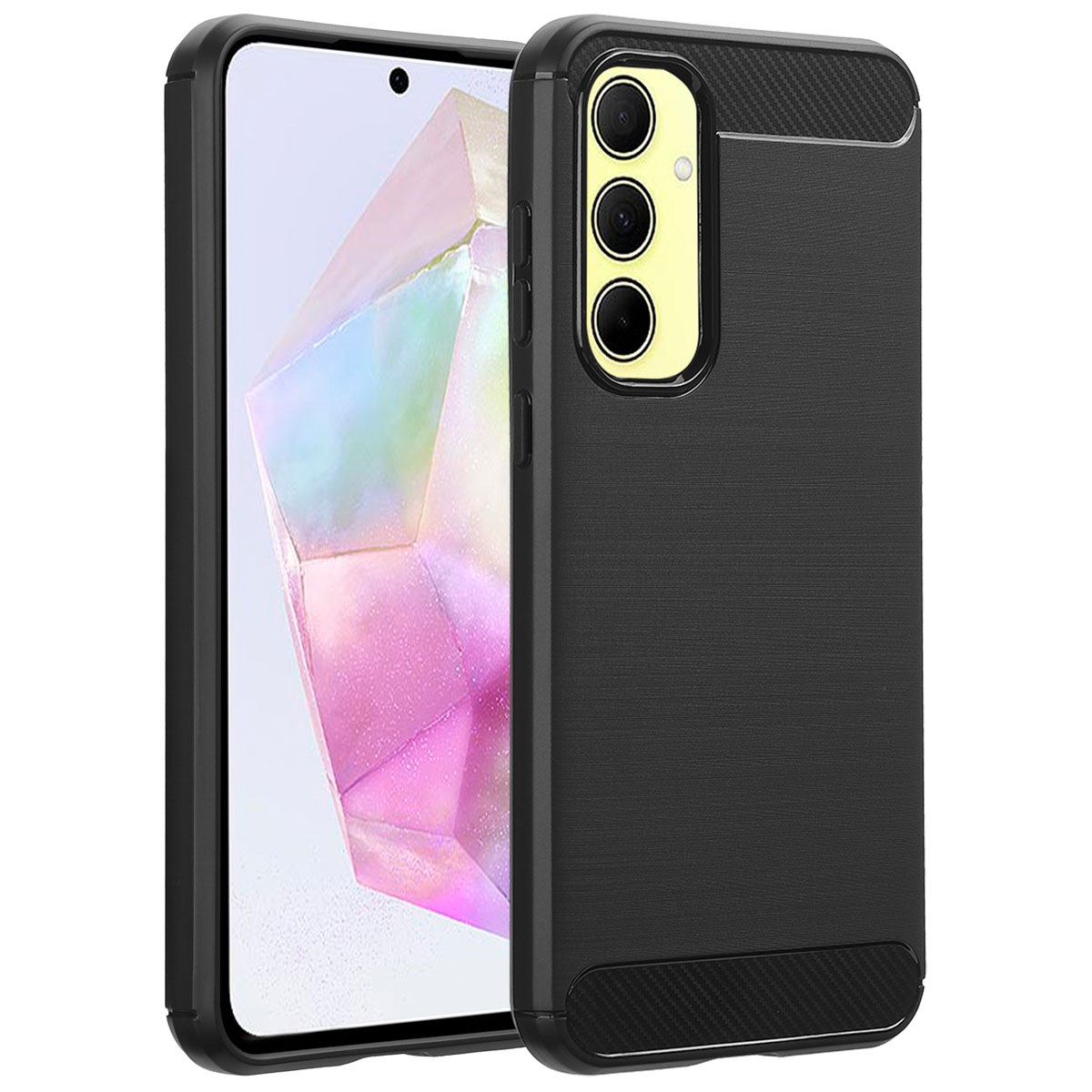 Custodia nera per telefono. Con intaglio per fotocamera e lati strutturati. Schermo visibile.