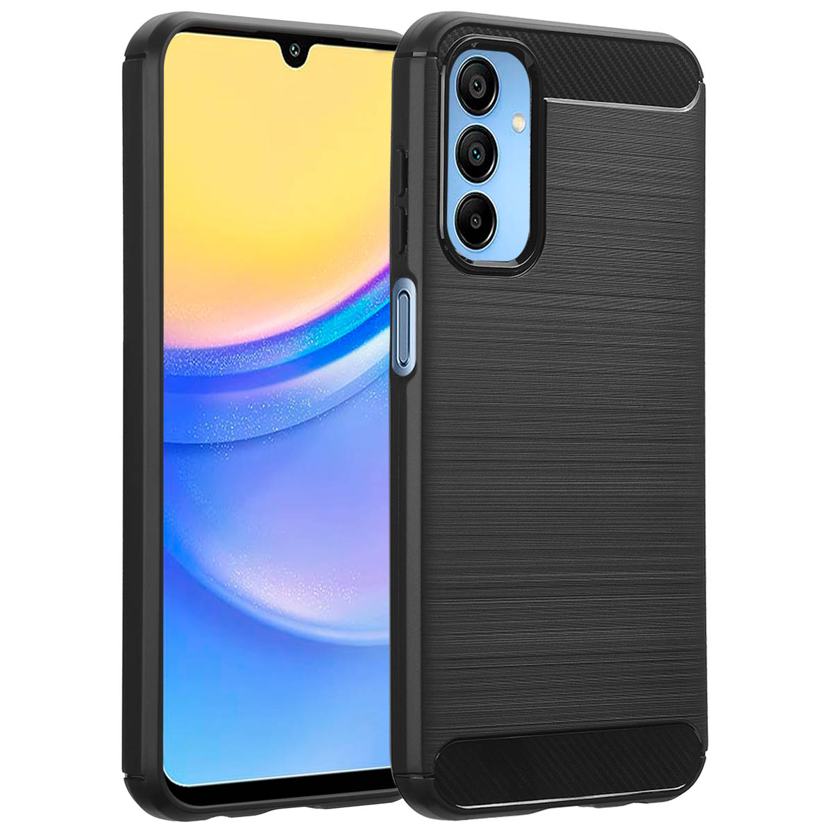 Zwarte telefoonhoes op een witte achtergrond, met een telefoon met een levendig geel en blauw scherm.