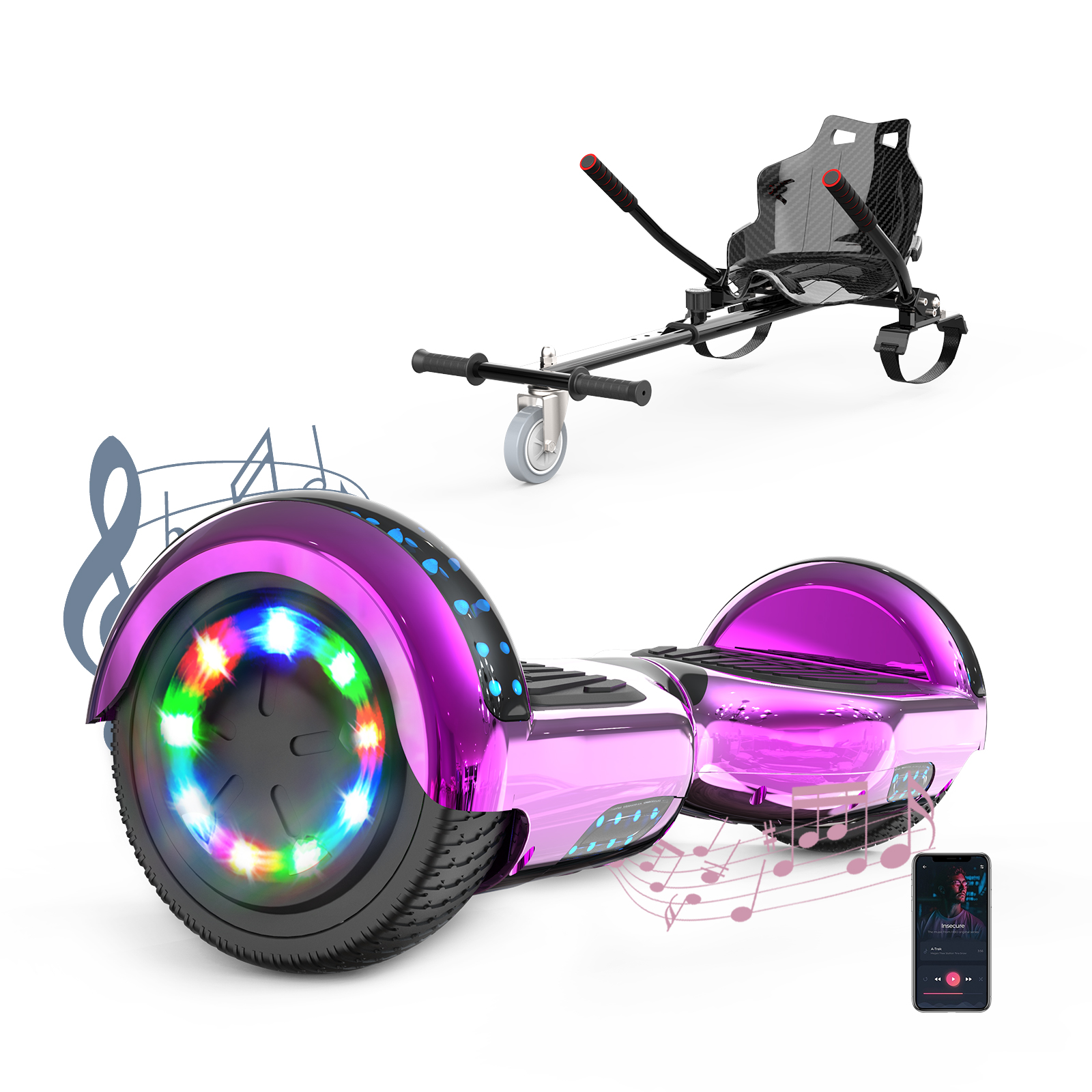 Ein rosa Hoverboard mit Lichtern, ein schwarzer Sitz mit Griffen und Noten auf weißem Hintergrund.