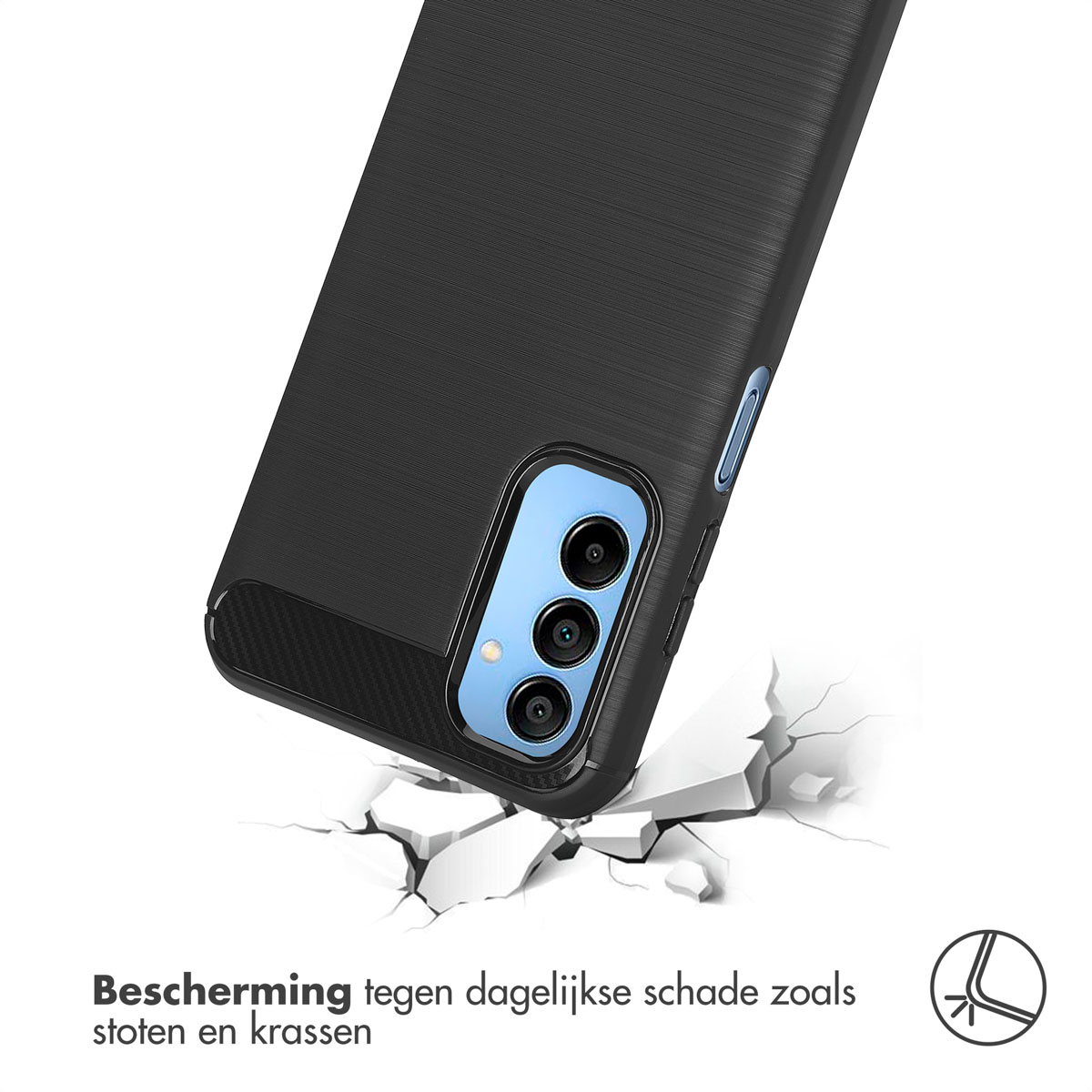 Een telefoonhoesje valt en breekt een wit oppervlak.
