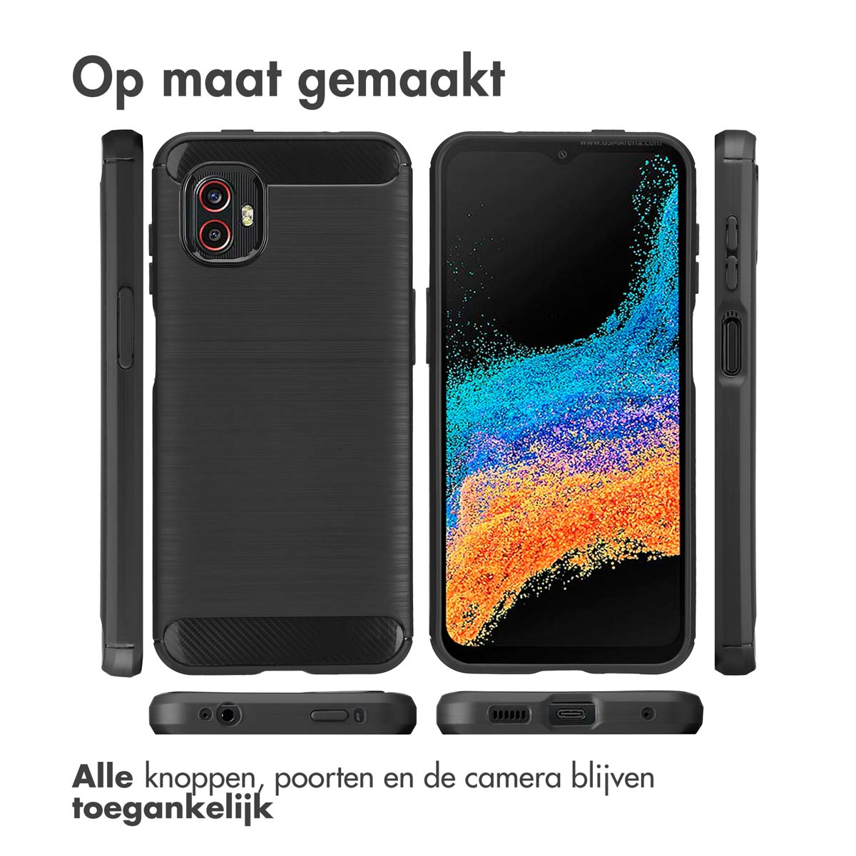 Una custodia per telefono nera con più viste, comprese le porte e la fotocamera del telefono.
