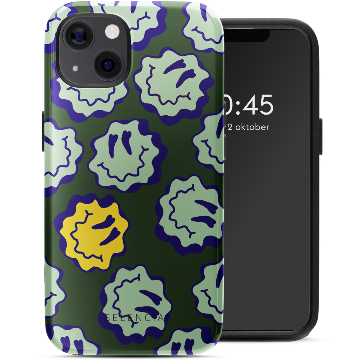 Un téléphone avec une coque à smiley. La coque est verte avec plusieurs smileys vert clair, violets et jaunes. Le téléphone affiche l'heure.