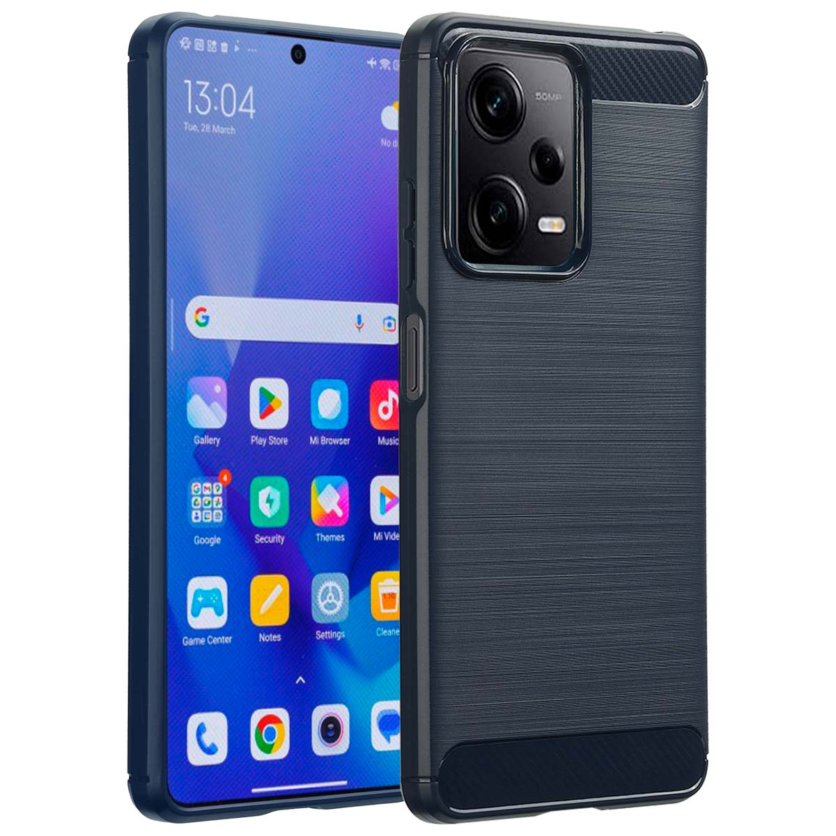 Téléphone avec étui bleu foncé, affichant l'écran d'accueil. Étui visible à droite.