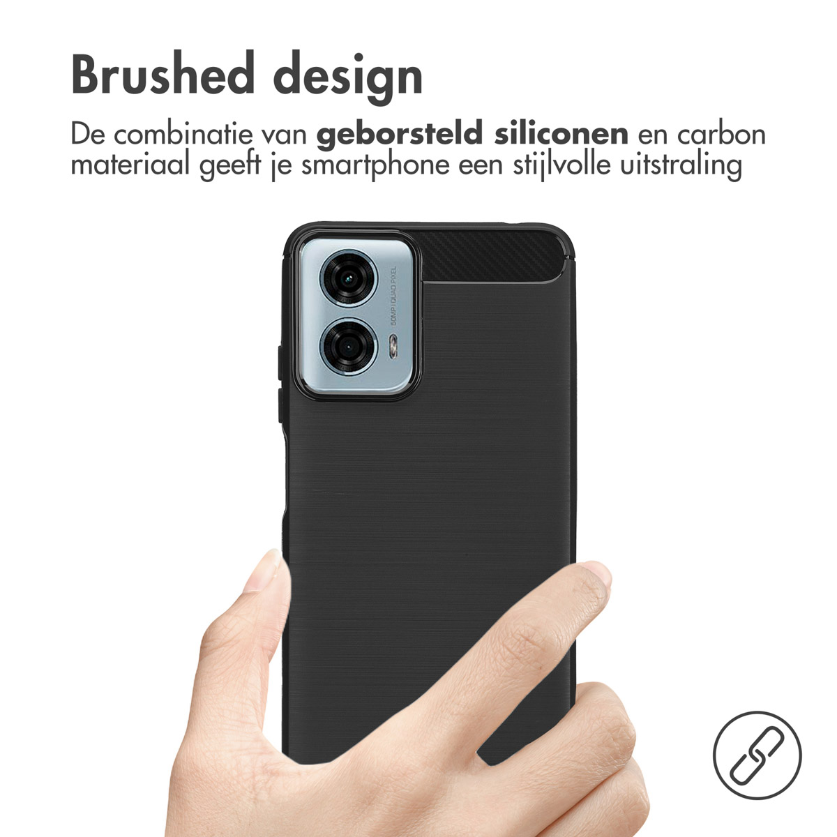 Una custodia per telefono nera con un design spazzolato, una mano che la tiene. Il testo dice design spazzolato.