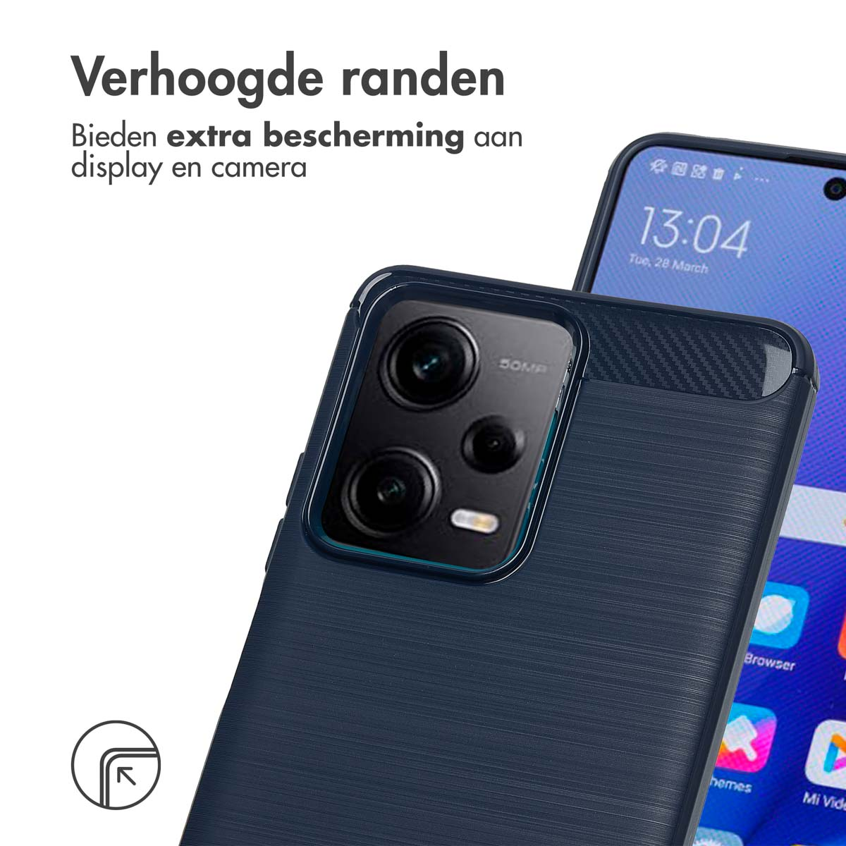 Téléphone dans un étui bleu foncé. Montre l'écran du téléphone, dos d'un autre téléphone.