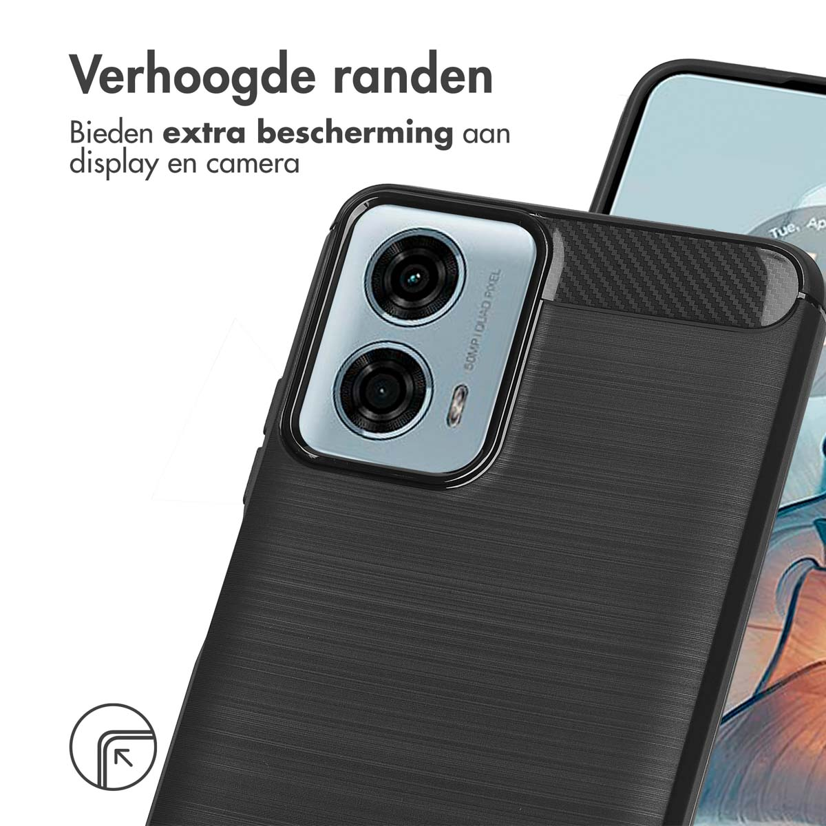 Een zwarte telefoonhoes, met een telefoon die een scherm toont, met tekst in de afbeelding.