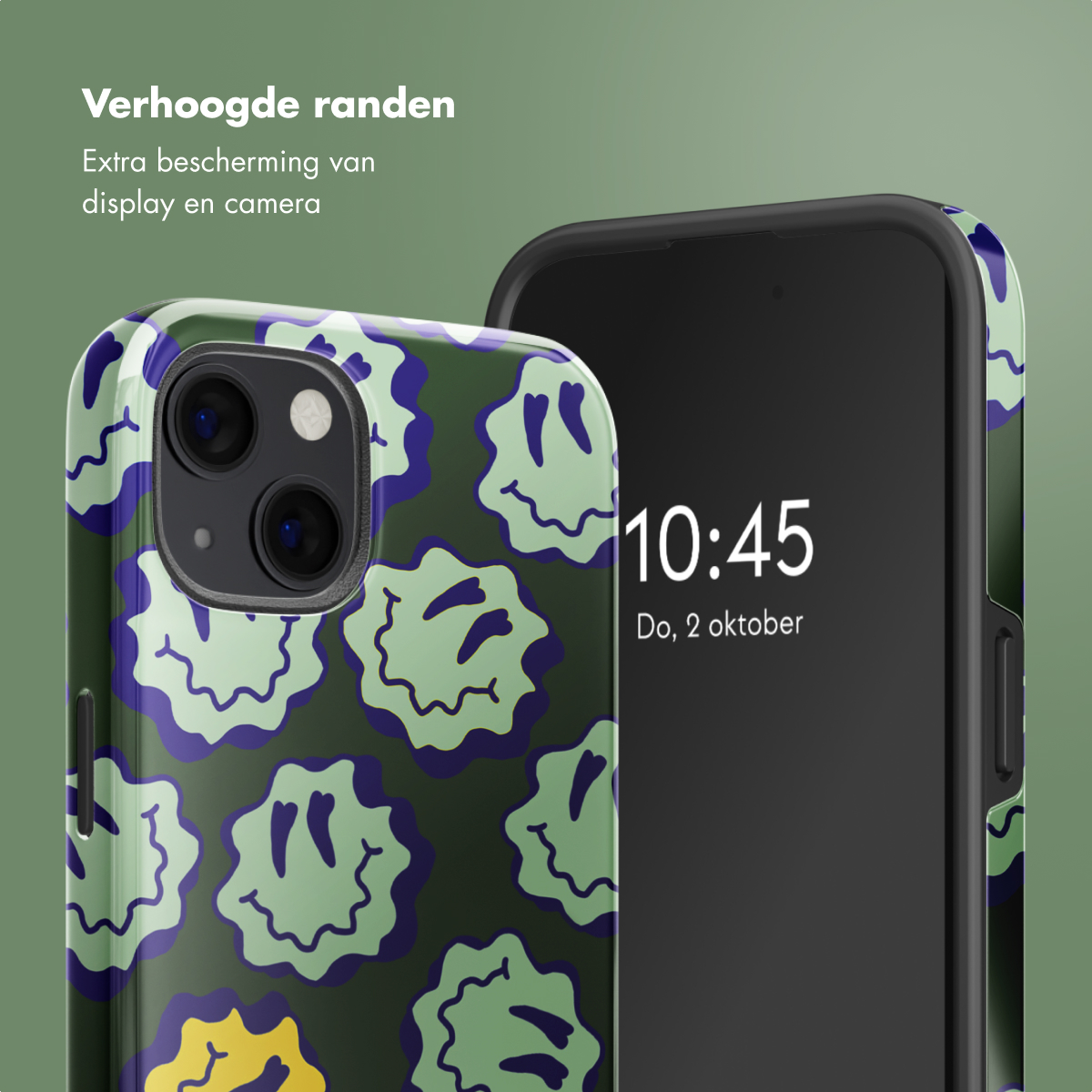 Deux smartphones avec étuis. Un étui a un motif de visages souriants verts, l'autre affiche l'heure 10h45, le 2 octobre.