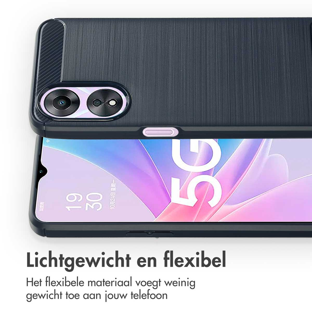 Eine Smartphone-Hülle mit strukturierter dunkelblauer Oberfläche, Kameraausschnitt und sichtbarem Telefonbildschirm.